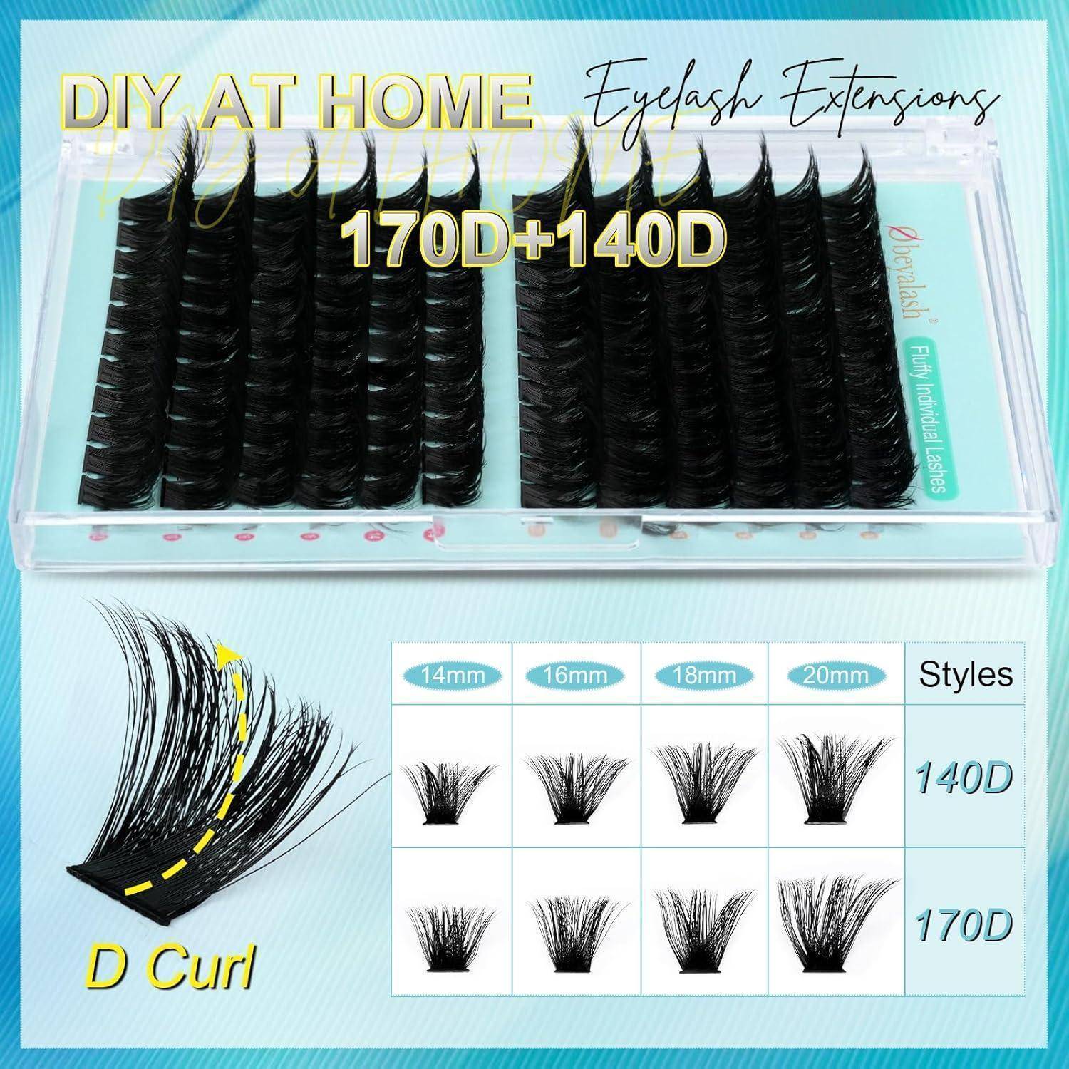 DIY-Wimpernverlängerungen zu Hause mit einer Anzeige von 170D+140D-Wimpern, D-Curl und Stiloptionen für 14 mm, 16 mm, 18 mm und 20 mm.