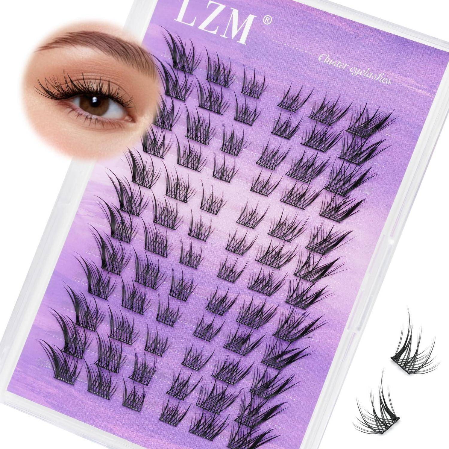Violette Schachtel mit künstlichen Wimpern mit vielen Wimpernpaaren dargestellt, plus ein Einsatzbild eines Auges mit dramatischen Wimpern und zwei lockeren Wimpernbündeln.