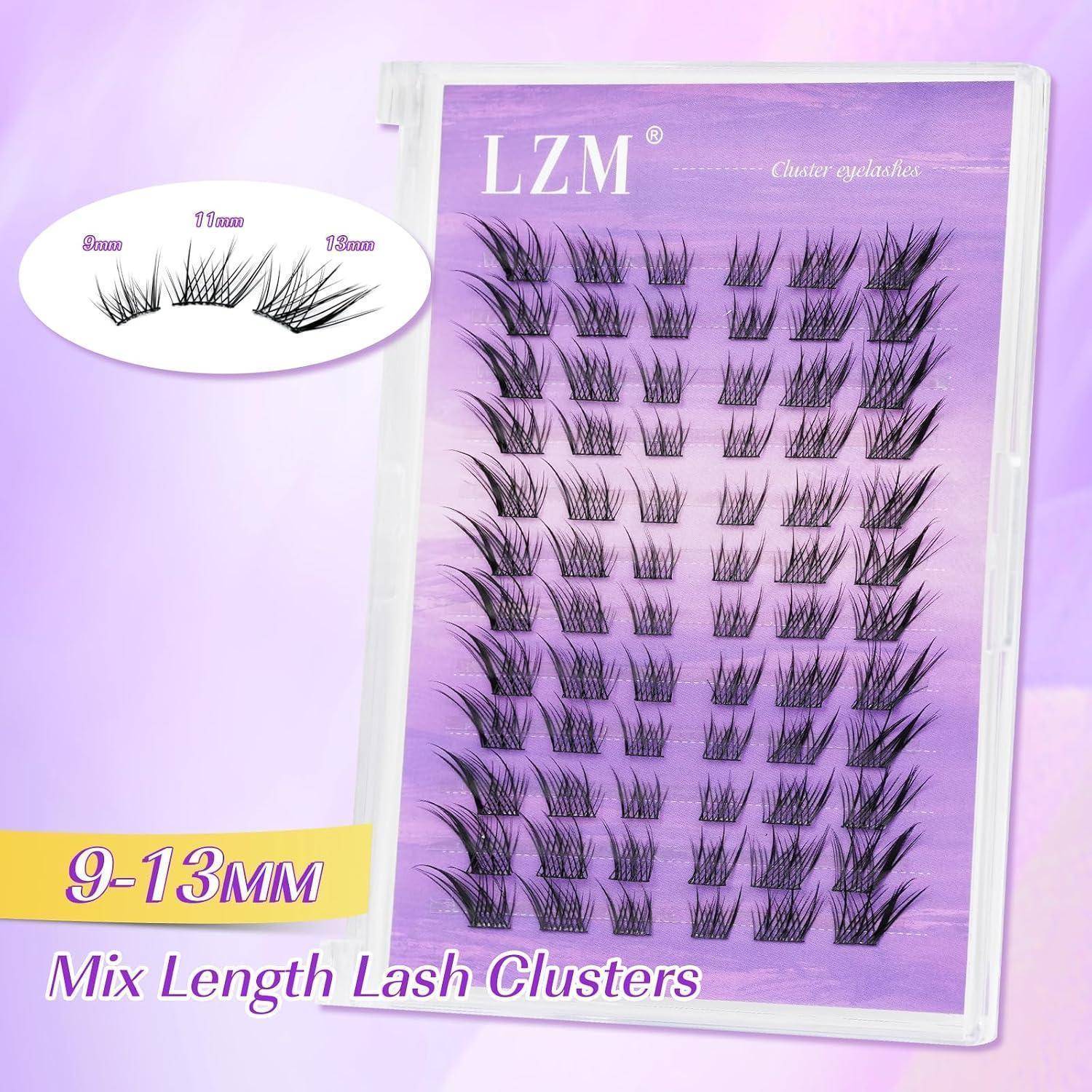 Lila Packung von LZM Cluster-Wimpern, die mehrere Wimperncluster-Größen von 9-13 mm zeigt, und ein detailliertes Beispiel der Wimpernfächerform.