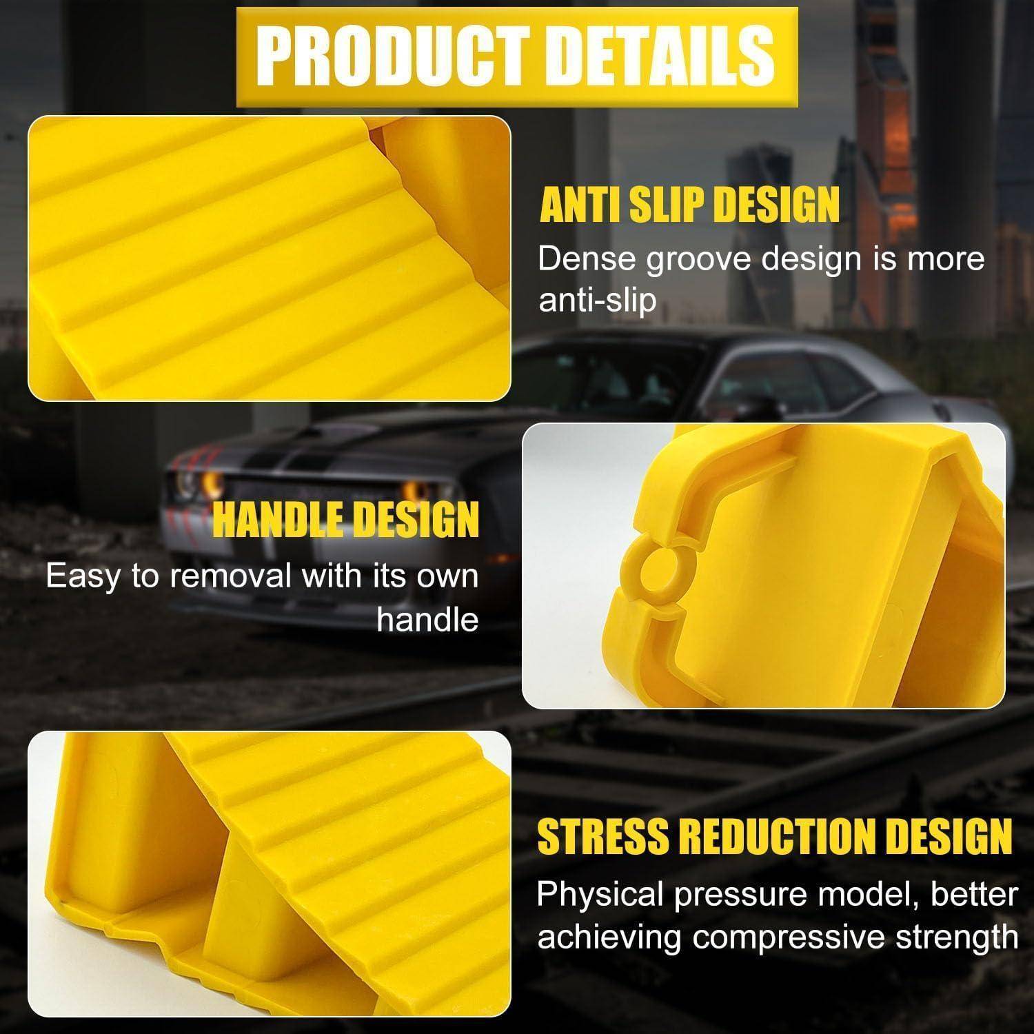 Produktdetails-Infografik mit einem gelben Radkeil für Fahrzeuge mit rutschfesten Rillen, integriertem Griff und spannungsreduzierendem Stützdesign.