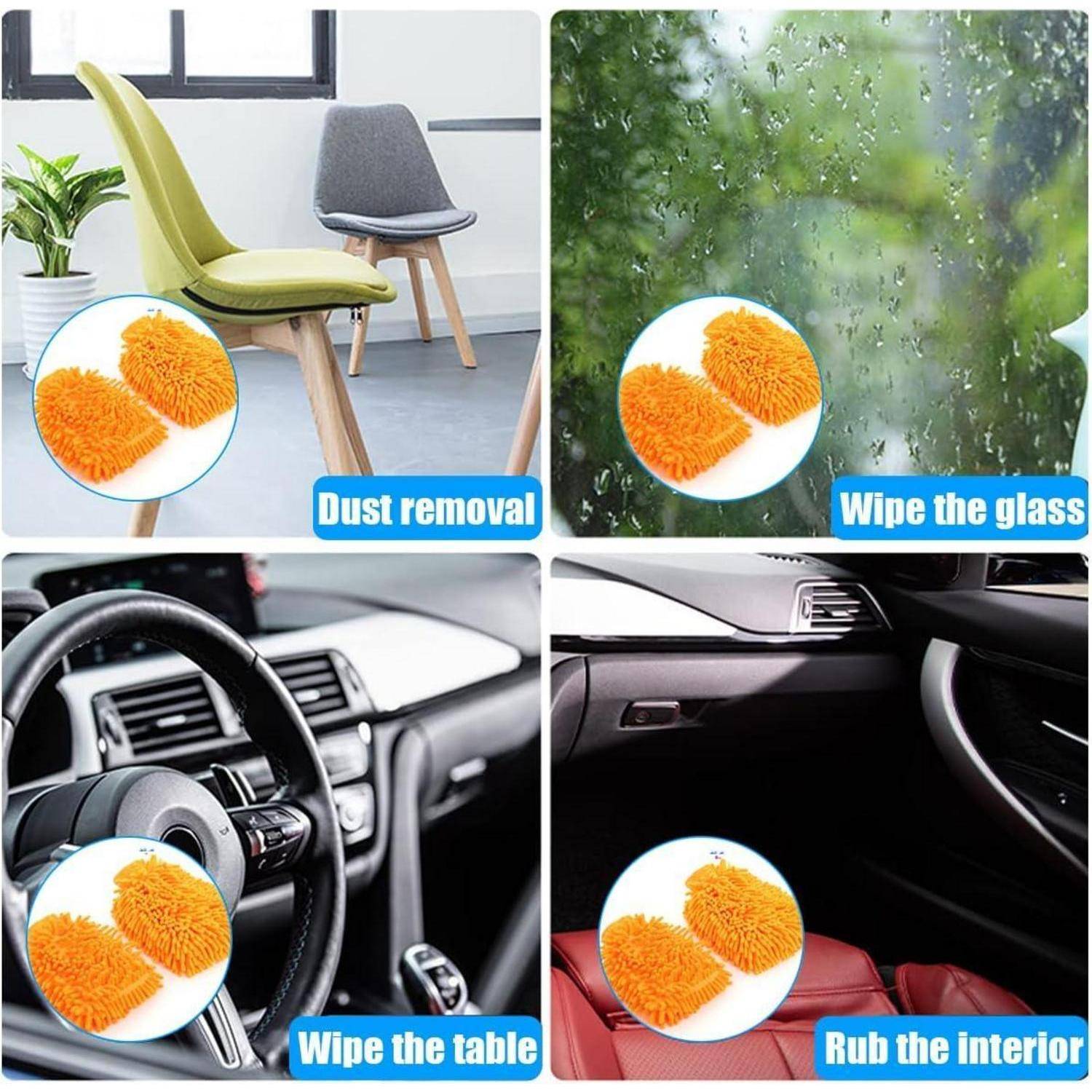 Vierpanel-Anzeige, die einen orangefarbenen Reinigungshandschuh zeigt, der zum Abstauben eines Stuhls, zum Reinigen von Glas und zum Säubern des Autoinnenraums verwendet wird, mit den Beschriftungen „Staubentfernung