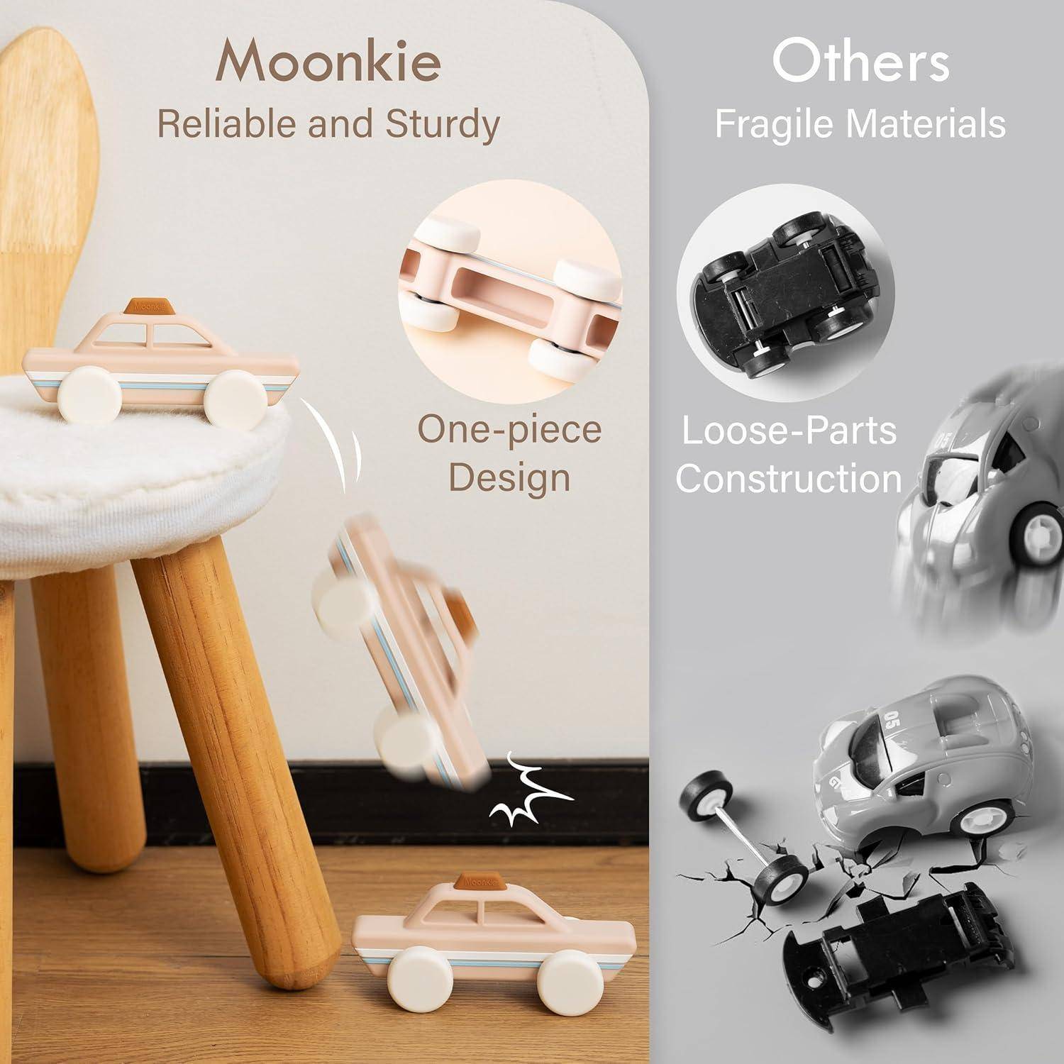 Vergleichsgrafik: Das Spielzeugauto „Moonkie" ist mit zuverlässig, robust und einteiliges Design gekennzeichnet; „Andere"" sind zerbrechlich, mit Einzelteilen-Konstruktion und kaputten Spielzeugautos.
