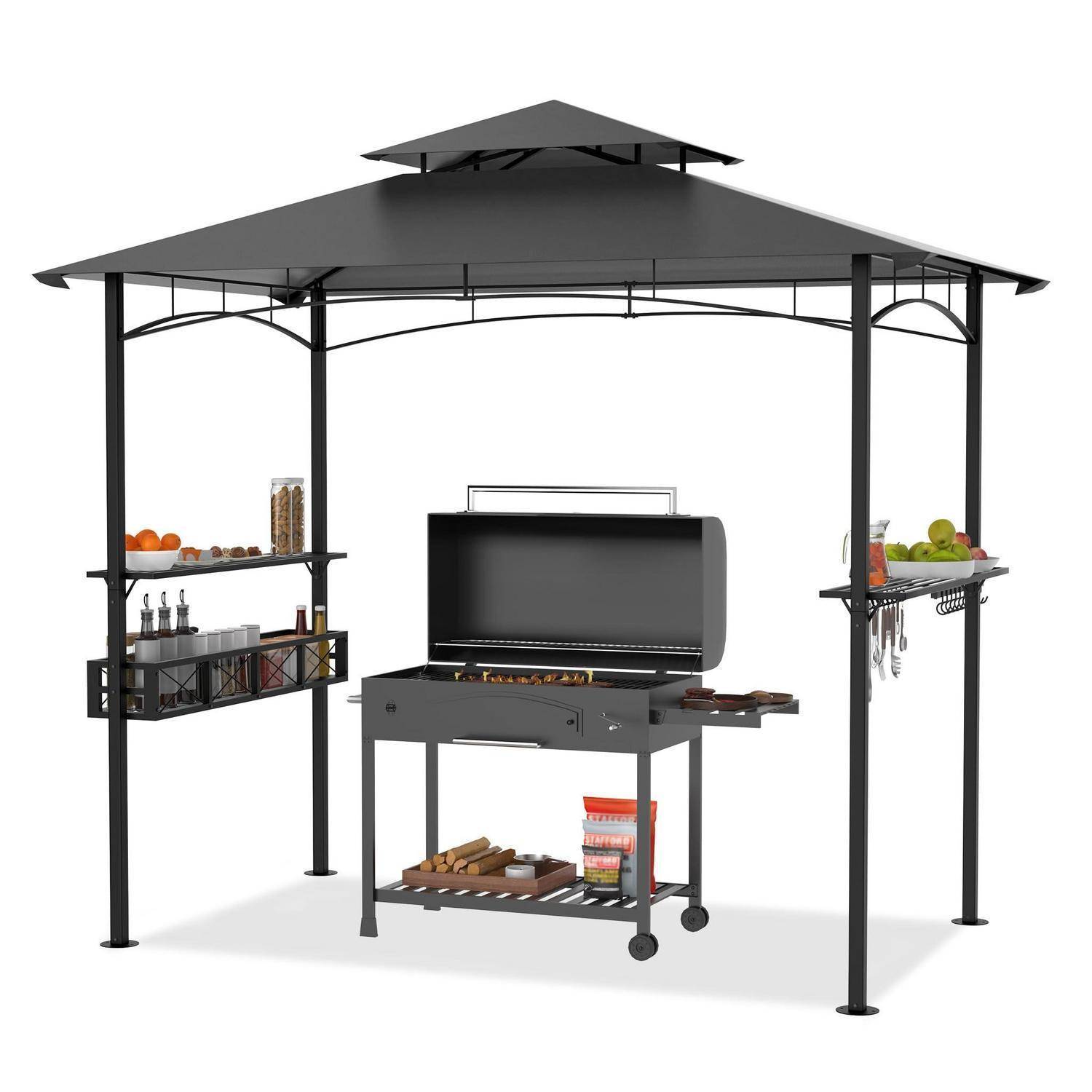 Schwarze Außen-Grillstation unter einem Metallpavillon, mit Seitenregalen für Lebensmittel und Werkzeuge sowie einem fahrbaren Grillwagen in der Mitte.