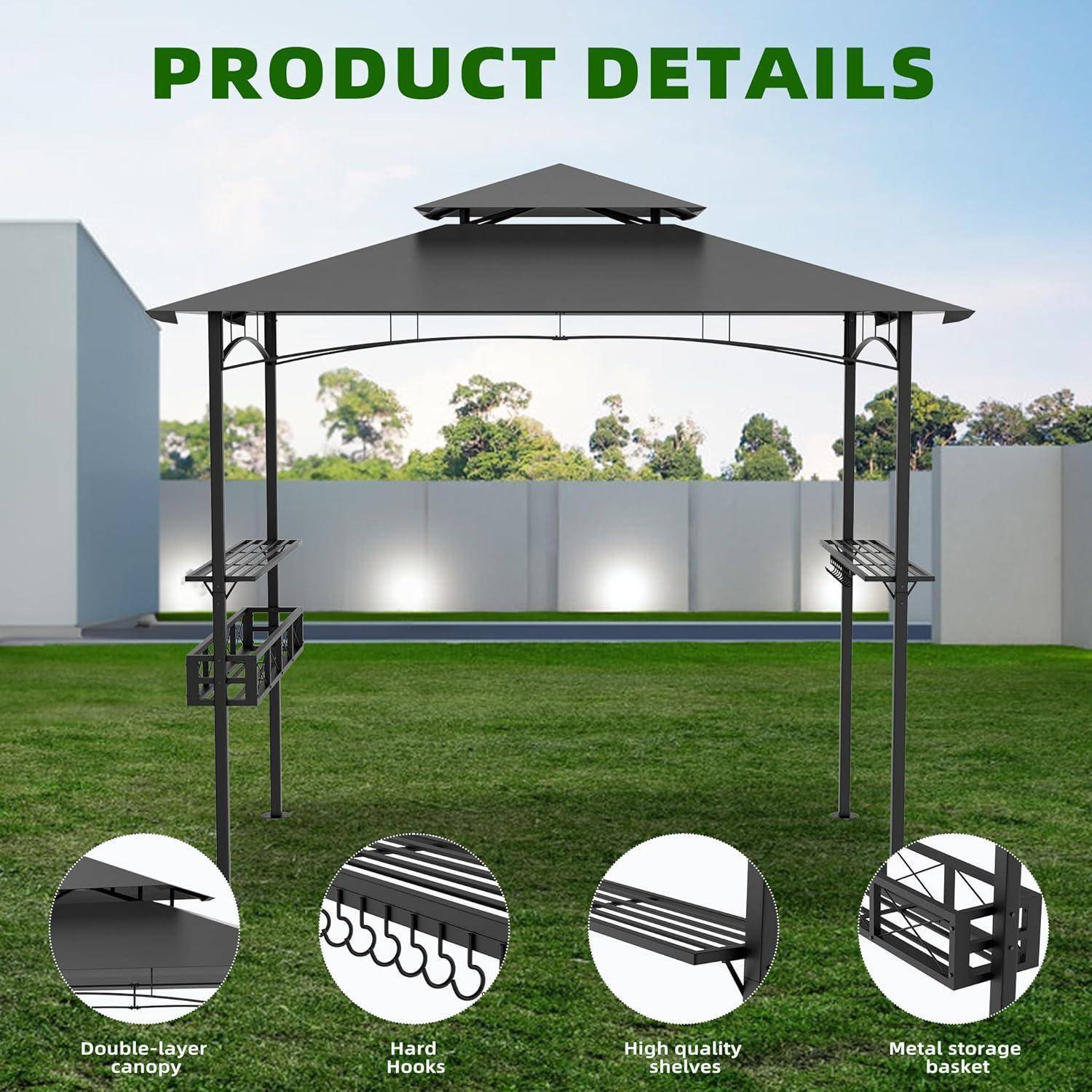 Produktdetailbild einer schwarzen Metallgartenpergola mit Doppeldach über einem Rasen, plus Nahaufnahmen mit den Bezeichnungen „Doppelschichtige Markise", „Robuste Haken"", „Hochwertige Stange"" und „Metallaufbewahrungskorb"".