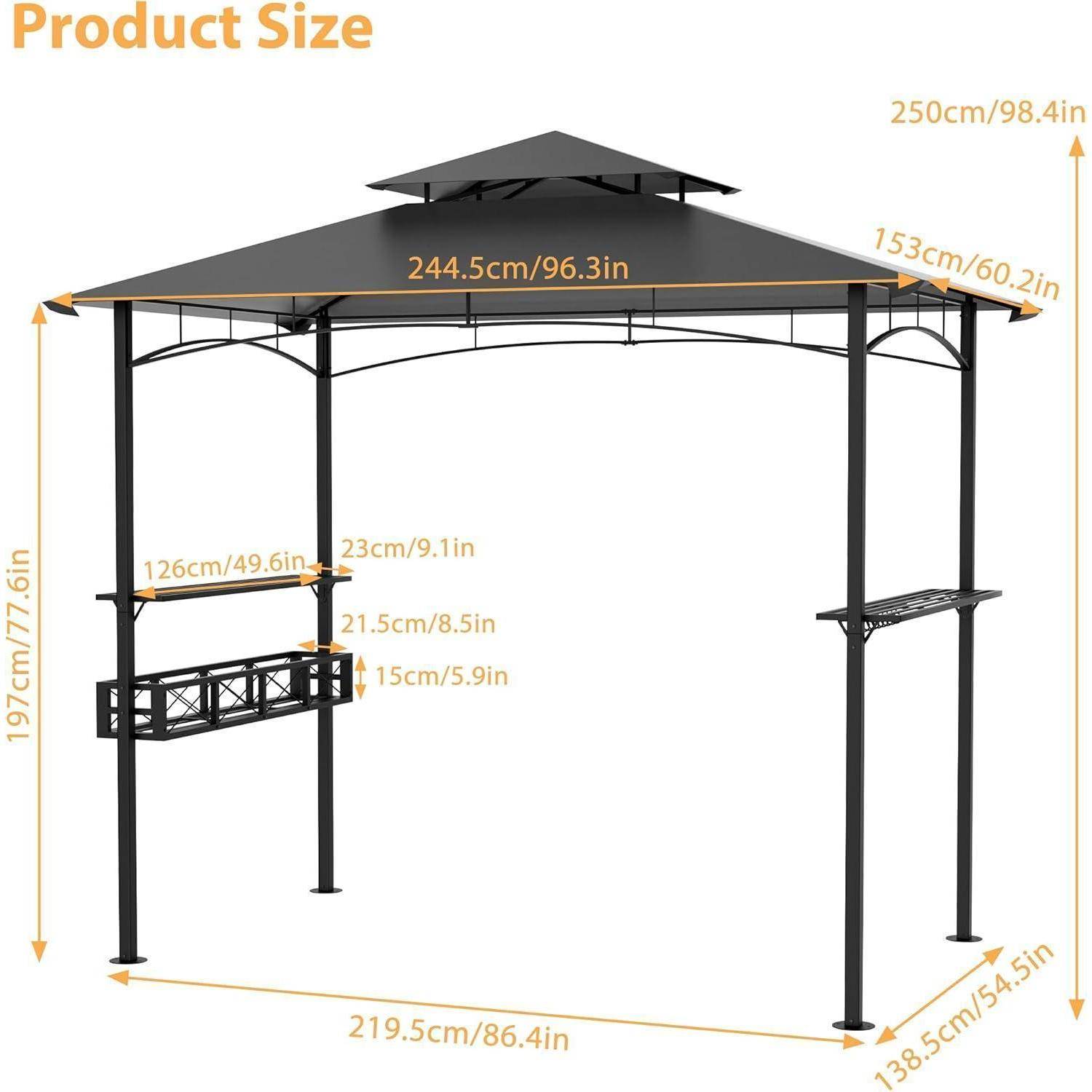 Maßstabgetreue Produktdiagramm eines Pavillons mit Dach, das die Gesamtgröße von 244,5 cm Breite, 197 cm Höhe zeigt, sowie gekennzeichnete Regaldimensionen und Grundflächenmessungen.