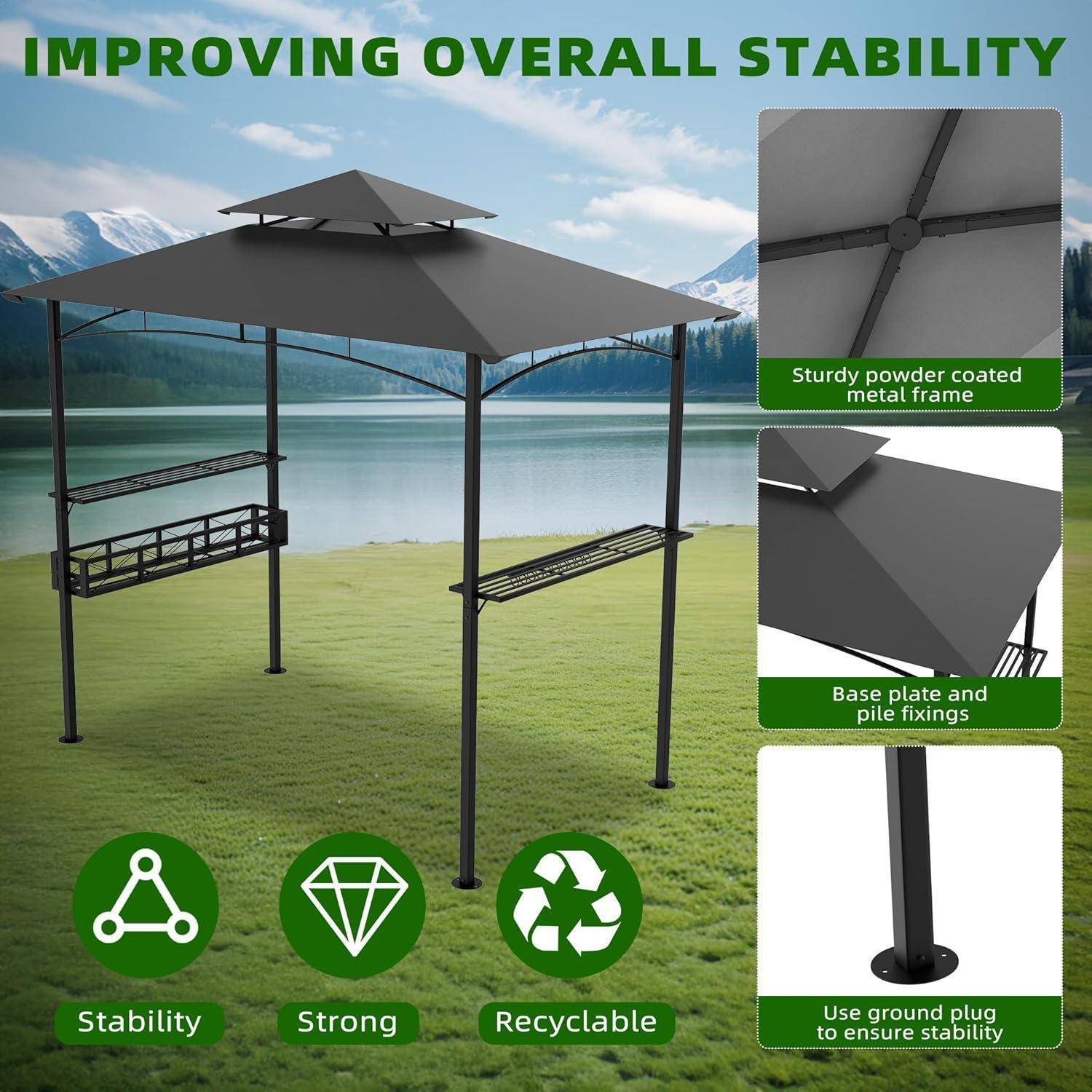 Werbebild einer Metalllaube auf Gras neben einem See, die verbesserte Stabilität, einen starken pulverbeschichteten Rahmen, Bodenplatte und Pfahlbefestigungen sowie recycelbare Materialien hervorhebt.