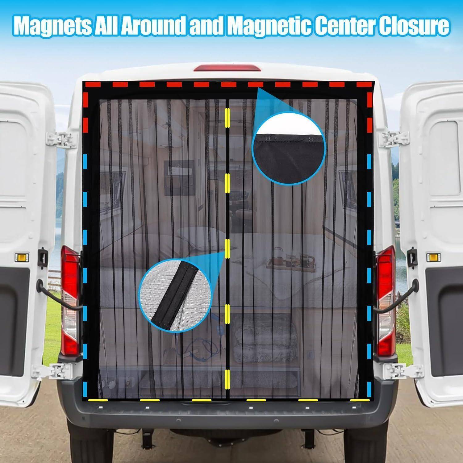 Rückansicht eines Lieferwagens mit offenen Hecktüren, die einen schwarzen magnetischen Verschlussgitter in der Mitte zeigen, mit Hinweisen auf die Magnete an den Kanten.