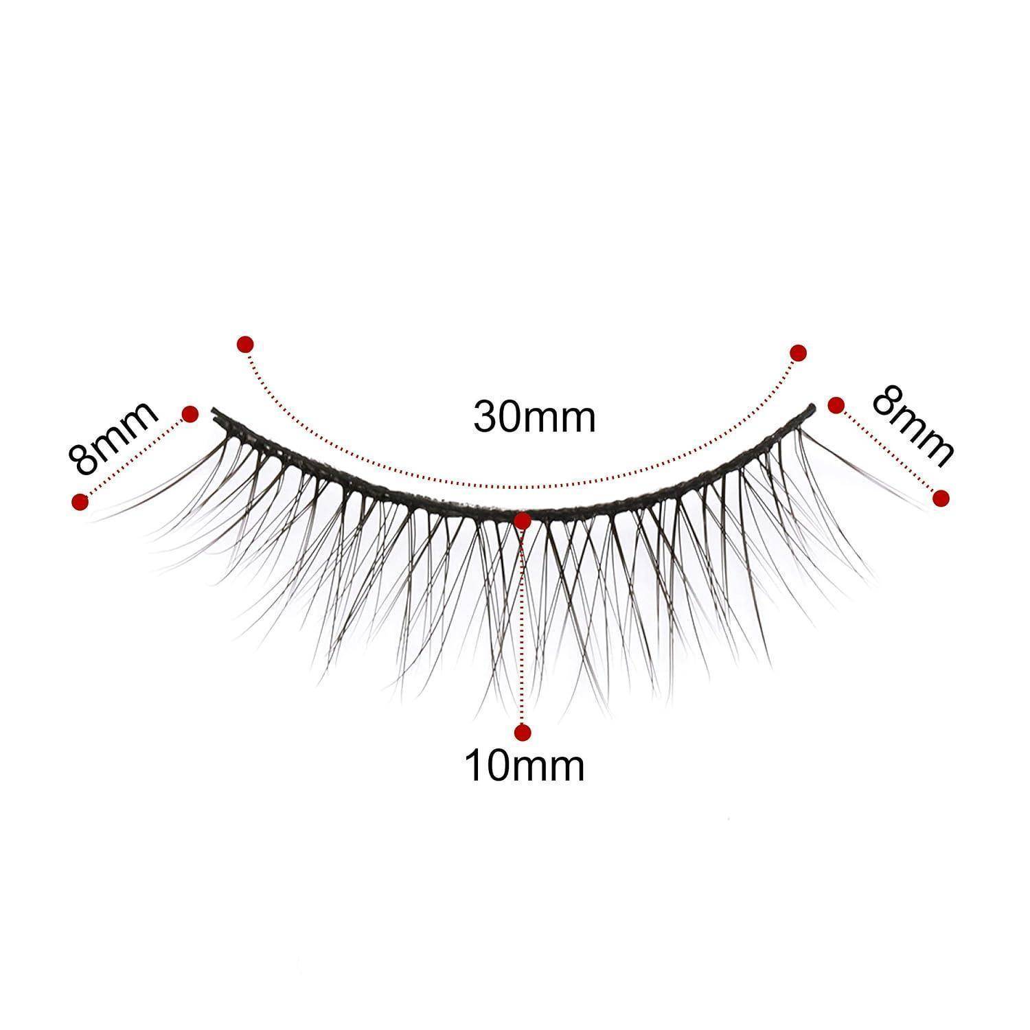 Nahaufnahme eines Kunstwimpernstreifens mit Messbeschriftungen: 30mm breit, 10mm Mittentiefe und 8mm Seitenlängen.