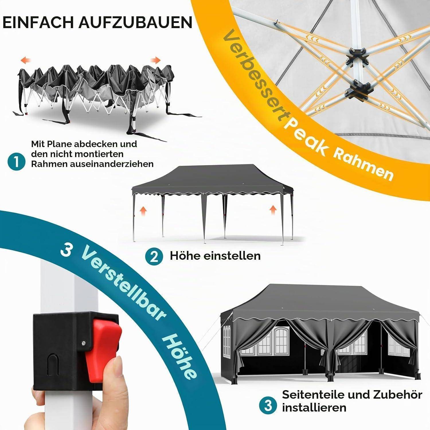 Infografik zeigt ein leicht zu montierendes Pop-up-Pavillon-Zelt in drei Schritten: ausklappen, Höhe einstellen, dann Seitenpaneele und Zubehör installieren.