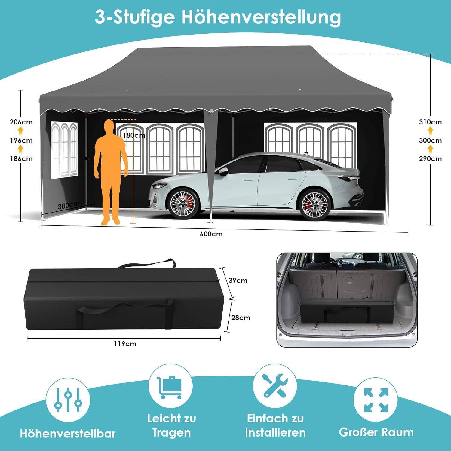 Illustration eines höhenverstellbaren Autozeltdaches mit einer Limousine im Inneren, die Abmessungen und eine Aufbewahrungstasche zeigt; Symbole besagen „Höhenverstellbar", „Leicht zu Tragen"", „Einfach zu Installieren"", „Großer Raum"".