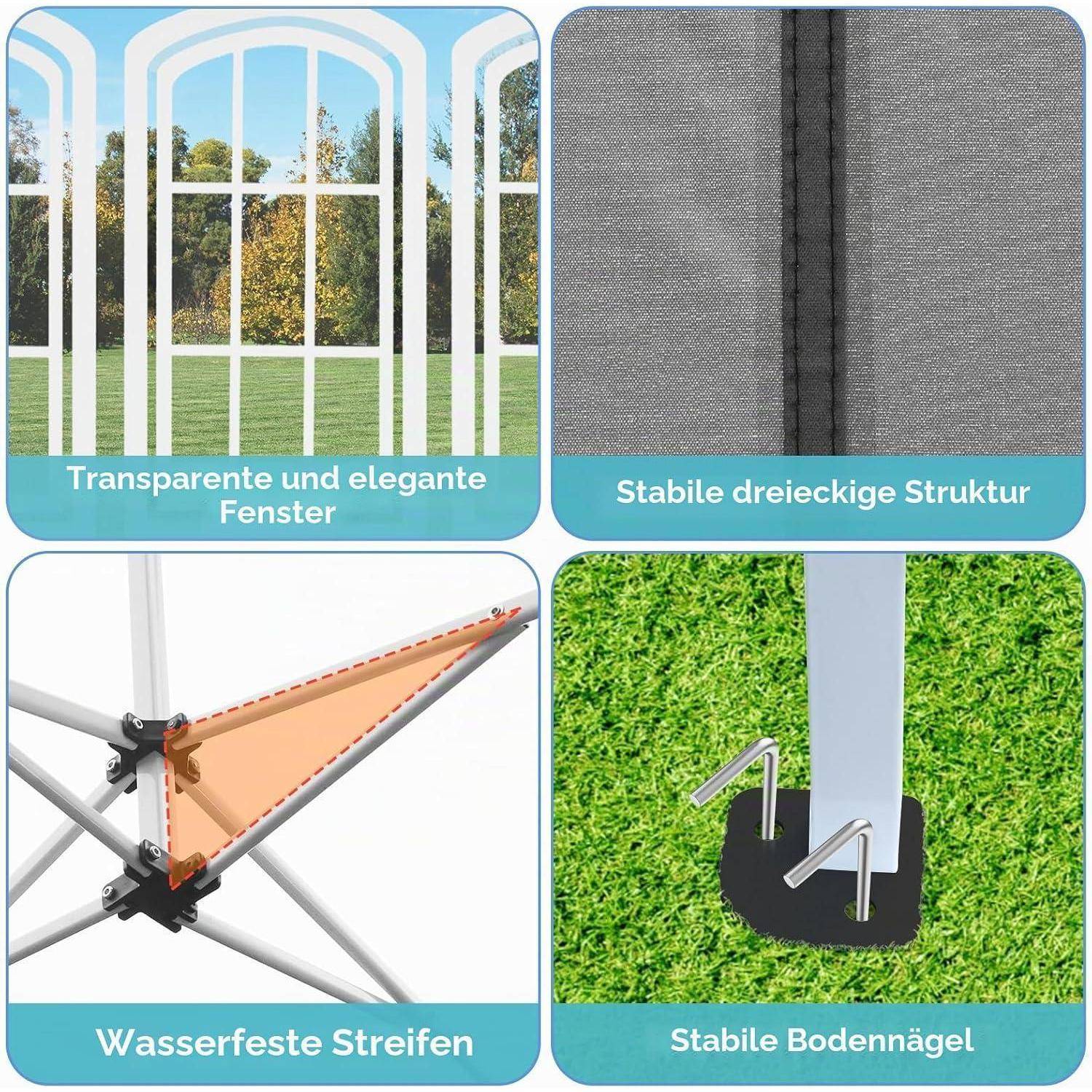 Vier-Panel-Produktbild eines tragbaren Baldachins oder Zelts mit transparenten Fenstern, einer stabilen dreieckigen Naht, wasserdichten Riemen und Bodenheringen für sichere Aufstellung.