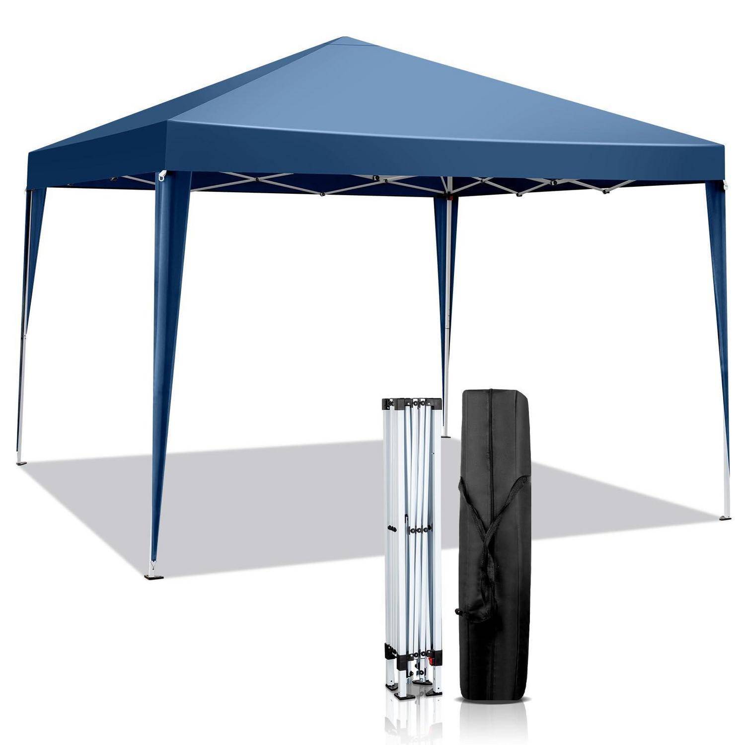 Blaues Pop-Up-Kuppelzelt mit Tragetasche und zusammengeklapptem Rahmen vorne gezeigt, auf weißem Hintergrund.