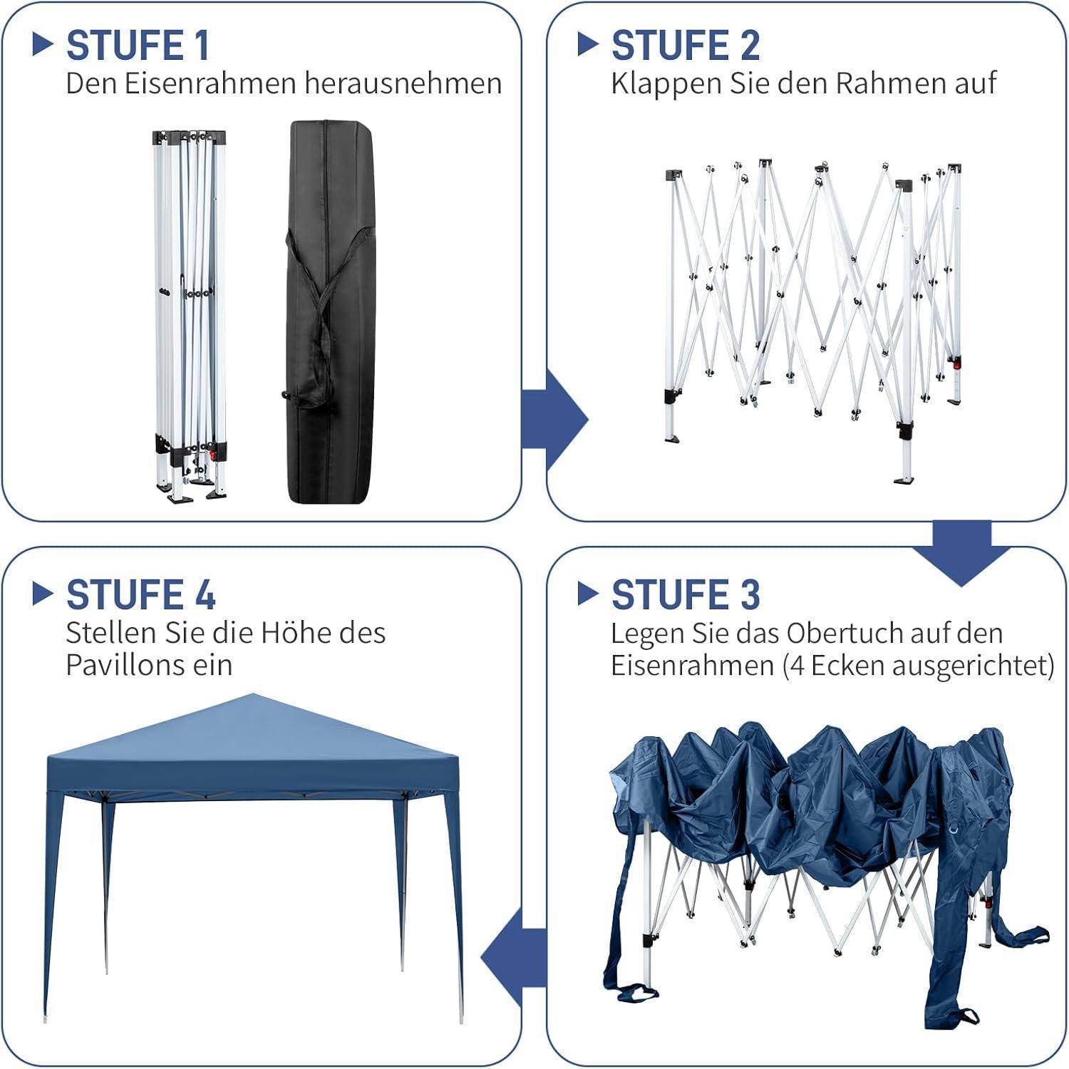Vierschrittiger deutscher Aufbauführer für ein Pop-up-Pavillon-Baldachin: Rahmen aus der Tasche entfernen, ihn ausklappen, die Abdeckung auf den ausgerichteten Ecken platzieren und dann die Höhe des Pavillons anpassen.