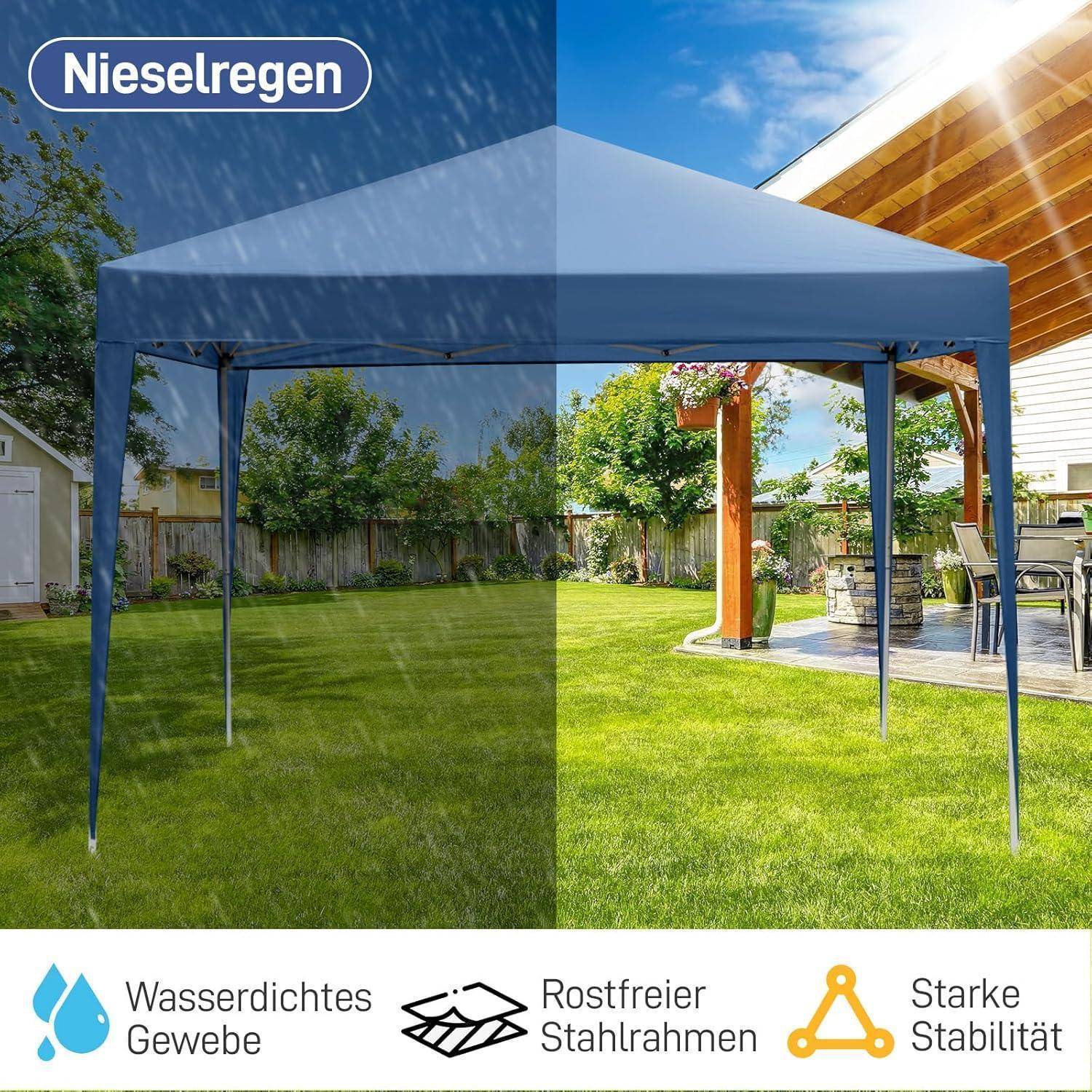 Blaueres Pop-up-Baldachindach, das zwischen Regen und Sonne aufgeteilt ist; gekennzeichnet mit 