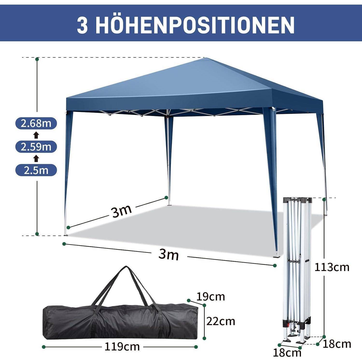 Diagramm eines blauen Pop-up-Pavillons mit 3 Höheneinstellungen: 2,5 m, 2,59 m und 2,68 m, mit einer Grundfläche von 3 m x 3 m und Abmessungen der Tragetasche.