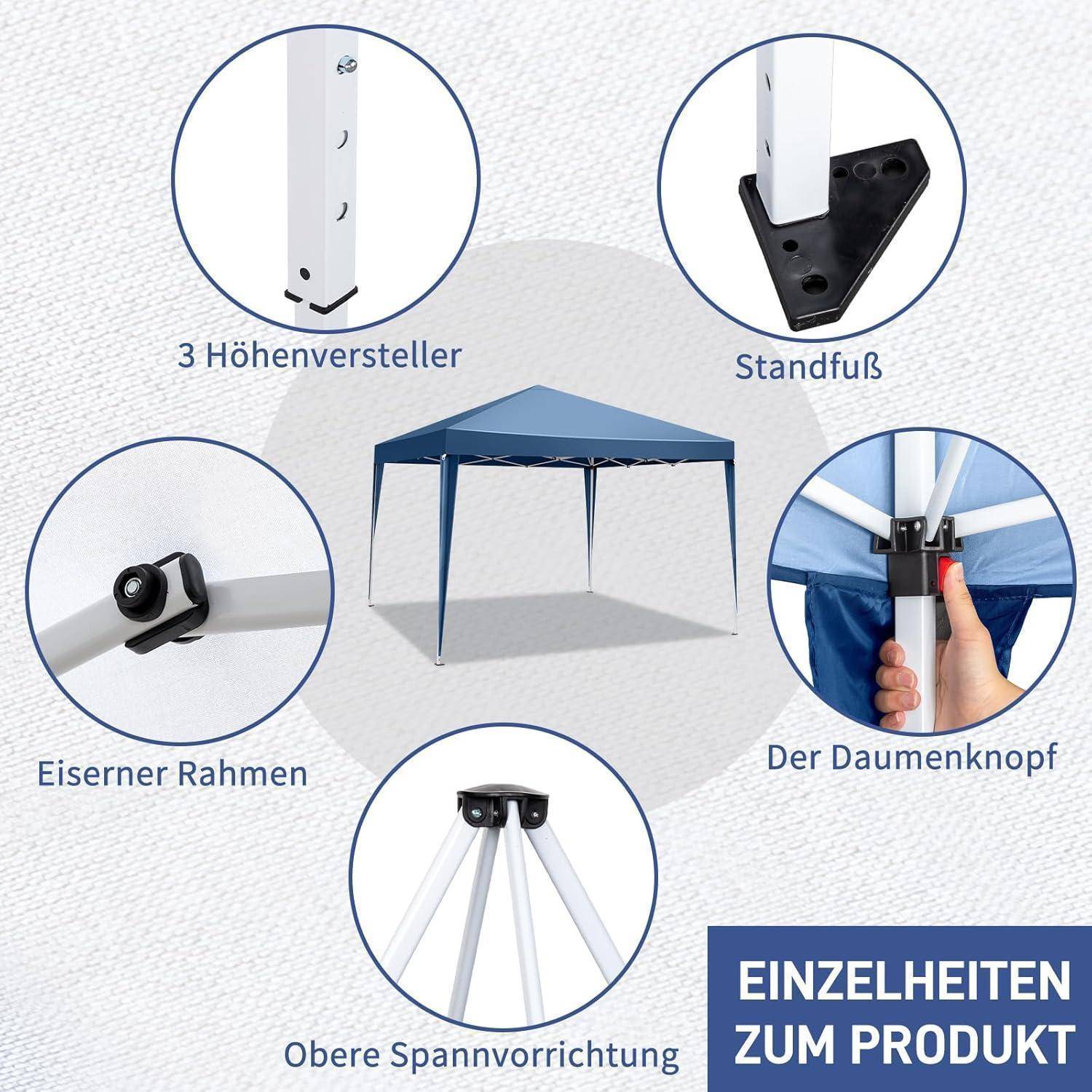 Produktinfografik eines blauen Pop-Up-Pavillons mit Beschriftung der Hauptteile: 3 Höhenverstellern, Standfuß, Eisenrahmen, Daumenschaltfläche und oberer Spannvorrichtung.