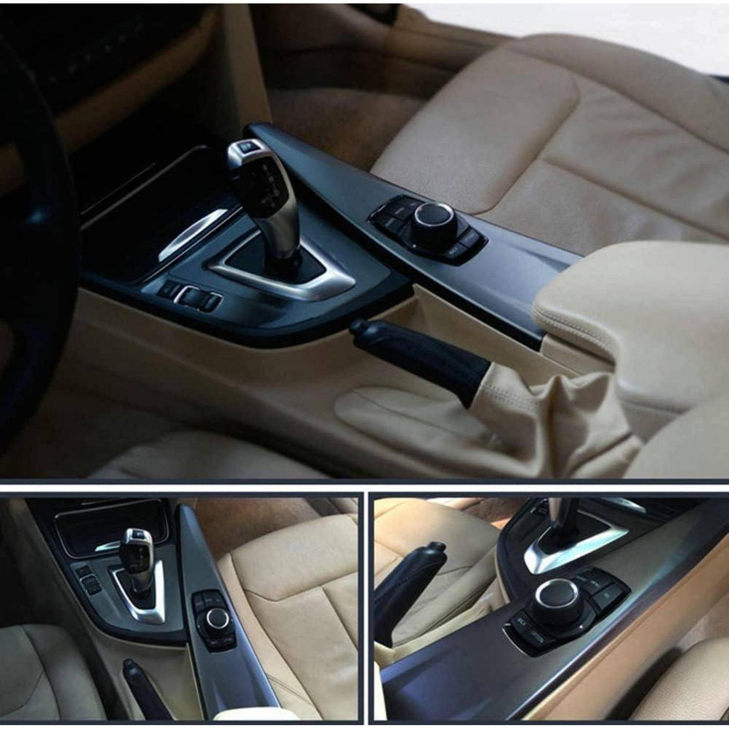 Autoinnenraum-Mittekonsole mit automatischem Schaltgetriebe, Drehregelknopf, Handbremse und beigen Ledersitzen.