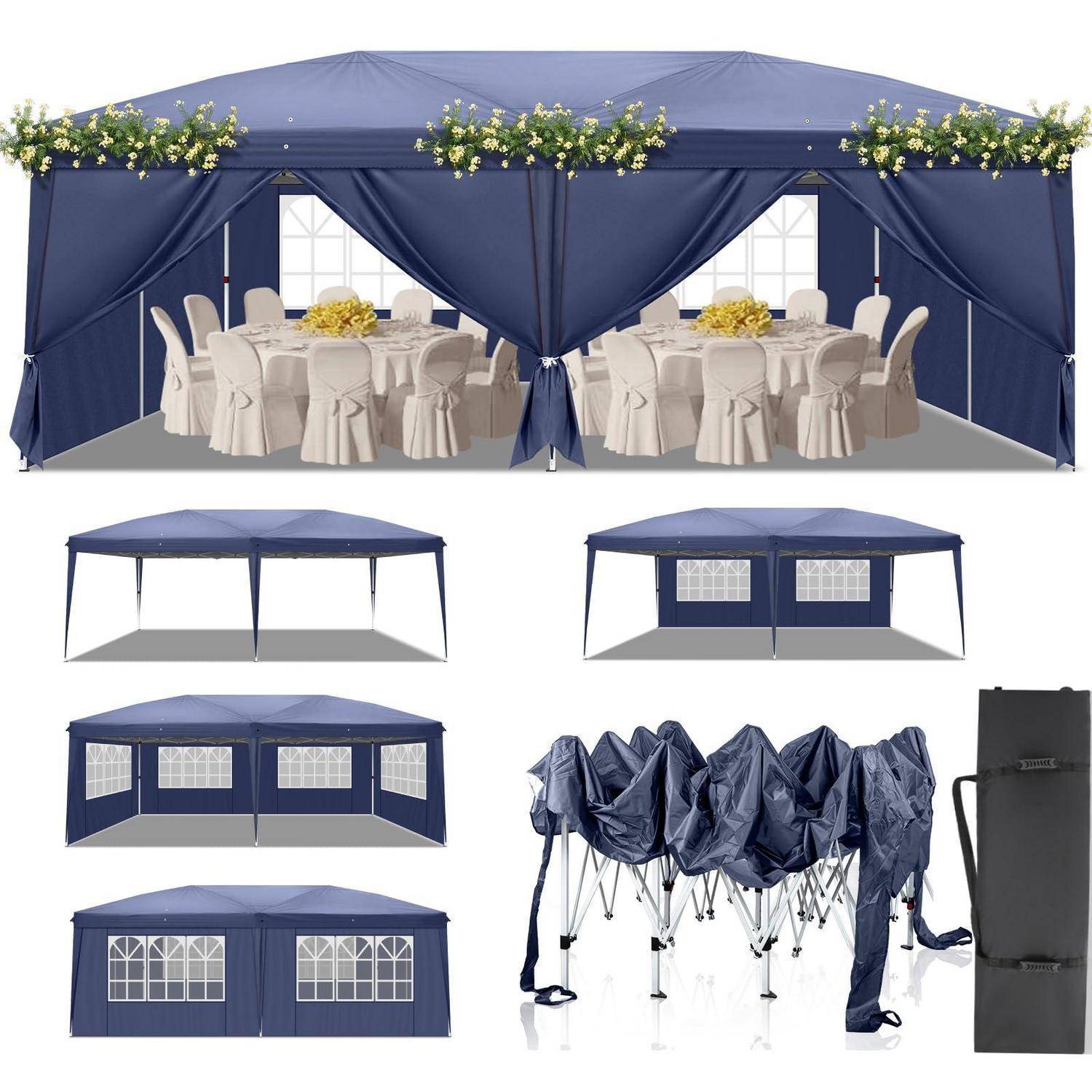 Collage eines marineblauen Pop-Up-Pavillons mit ausgespannten Seitenpaneelen, Banketttischen im Inneren, sowie verschiedene Ansichten und dem zusammengefalteten Zelt in einer Tragetasche.