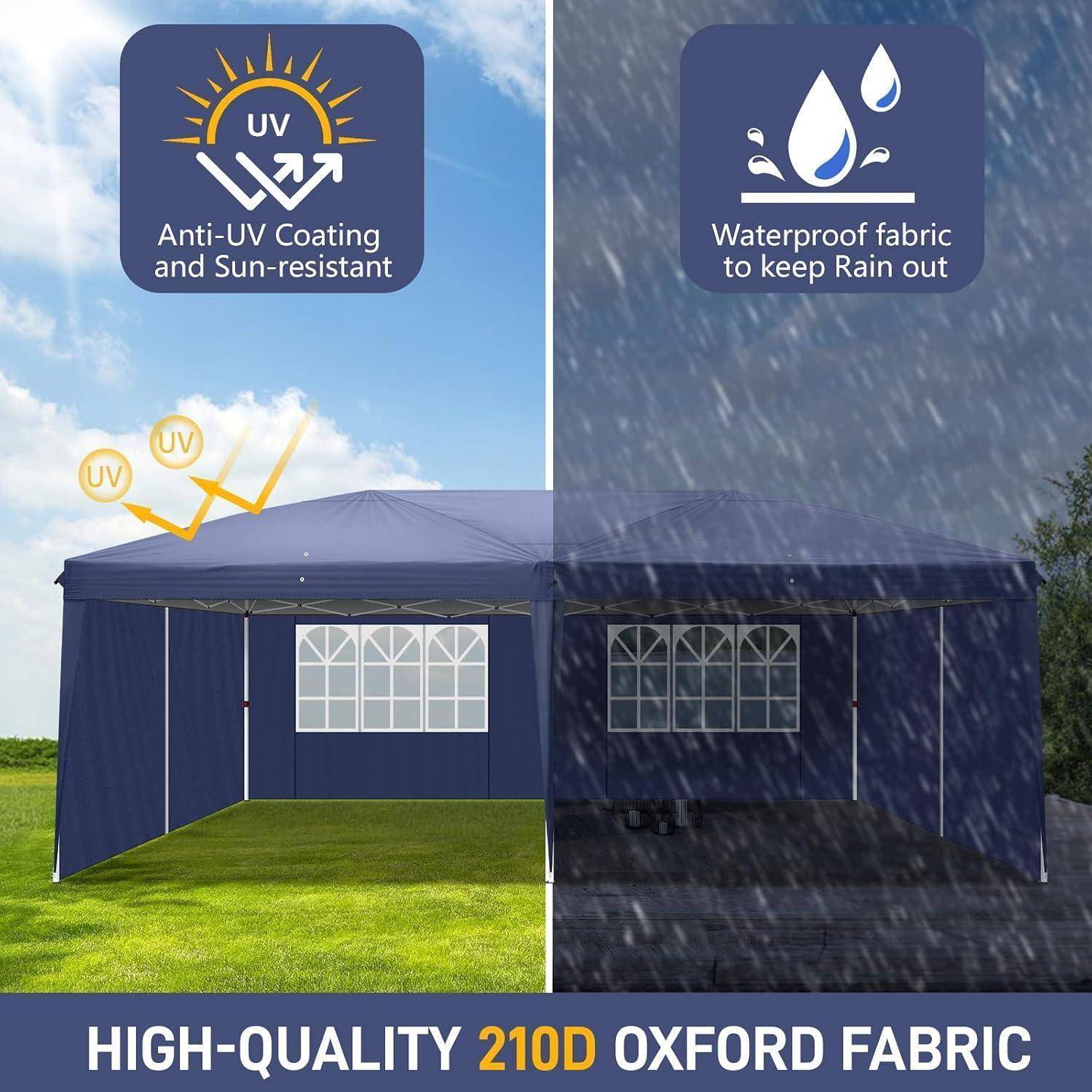 Split-View-Produktbild eines blauen Pavillon-Zelts, das auf der sonnigen Seite eine UV-resistente Beschichtung zeigt und auf der regnerischen Seite einen wasserdichten Stoff aufweist, der Regen abhält; gekennzeichnet mit „HOCHWERTIGER 210D OXFORD-STOFF".