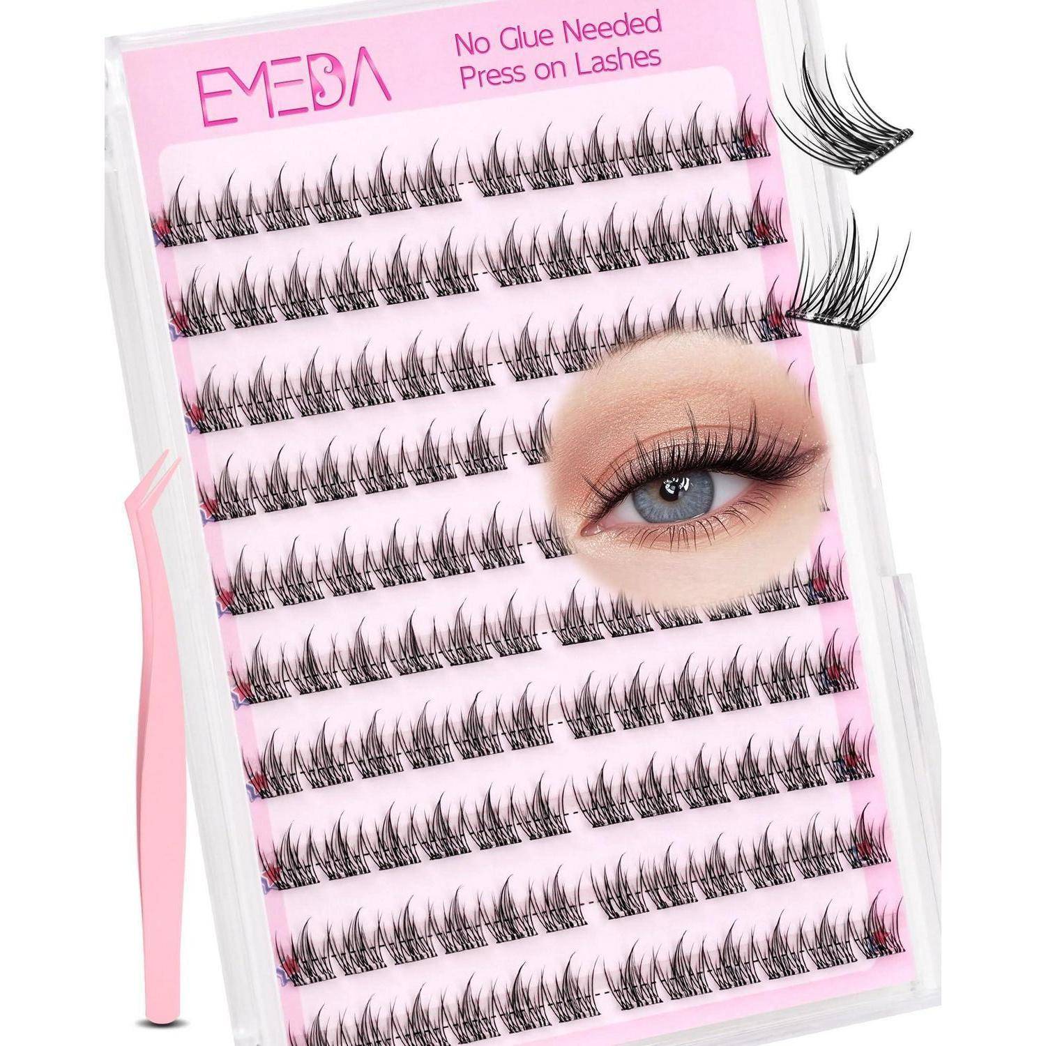 Packung mit EVEBA selbstklebenden aufklebbaren Wimpern mit mehreren künstlichen Wimpernstreifen, Pinzette und Augenfoto auf rosa Verpackung.