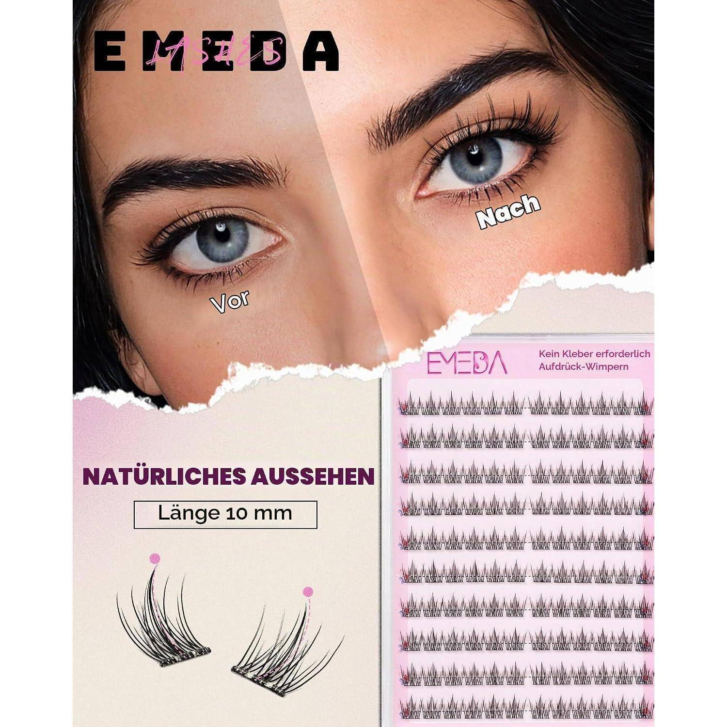 Werbebild für EYEBA Press-on-Wimpern mit einer Vorher- und Nachher-Aufnahme der Augen einer Frau, mit den Texten „Natürliches Aussehen