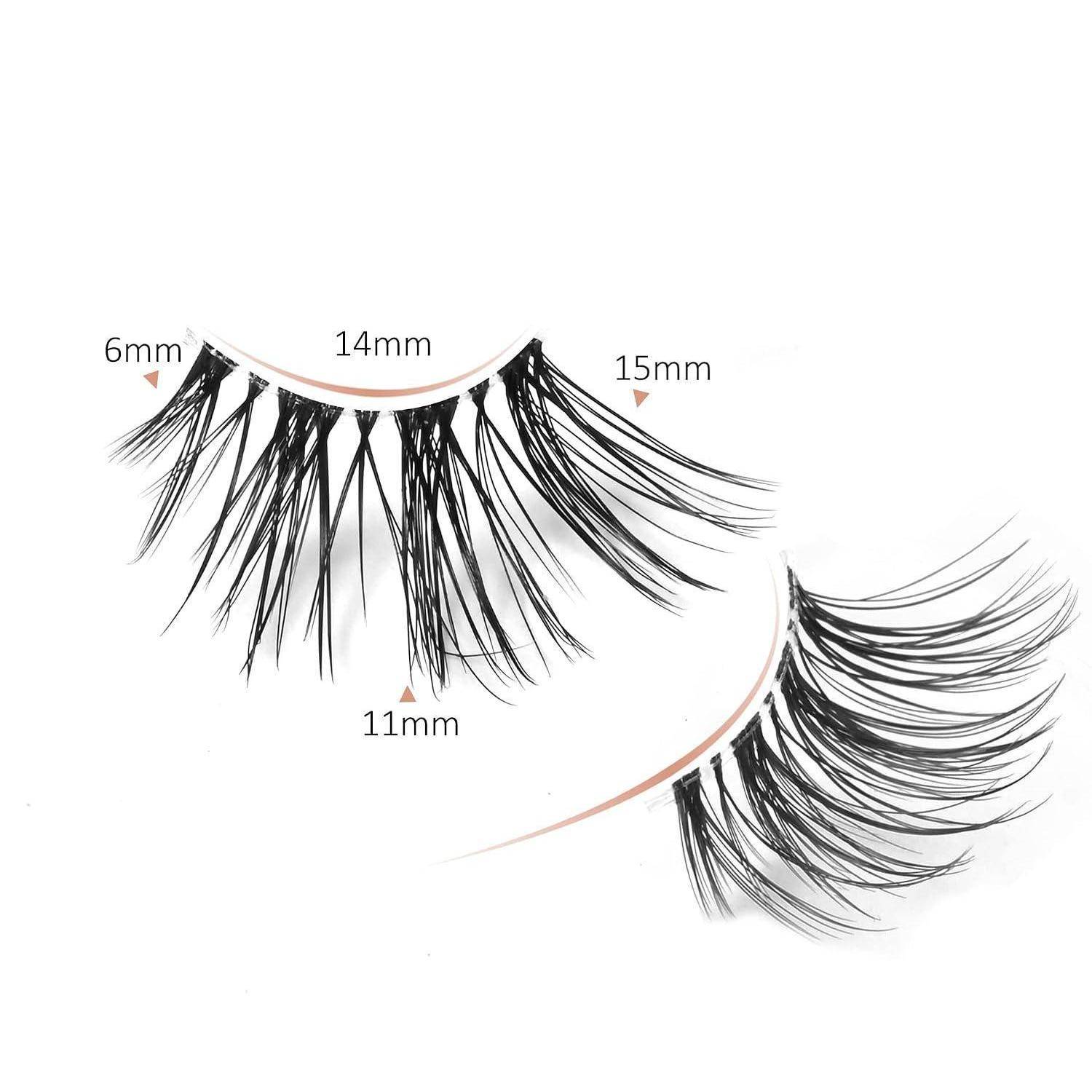Zwei Paare falscher Wimpern auf transparenten Bändern, beschriftet mit 6mm, 11mm, 14mm und 15mm, um Wimpernlängen und -stil zu zeigen.