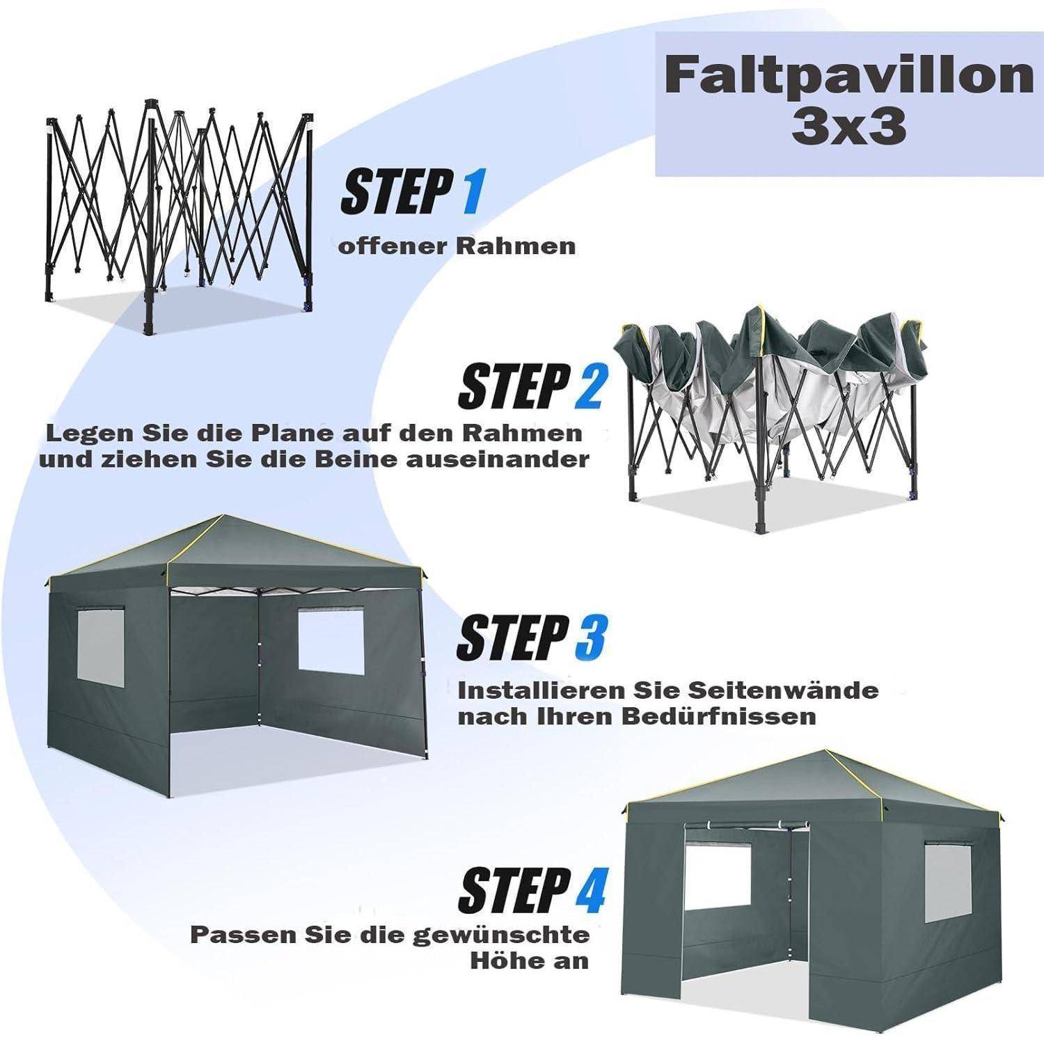 Anleitung für "Faltpavillon 3x3"" mit vier Aufbauschritte: Rahmen öffnen, Beine ausziehen, Seitenwände anbringen und gewünschte Höhe einstellen.