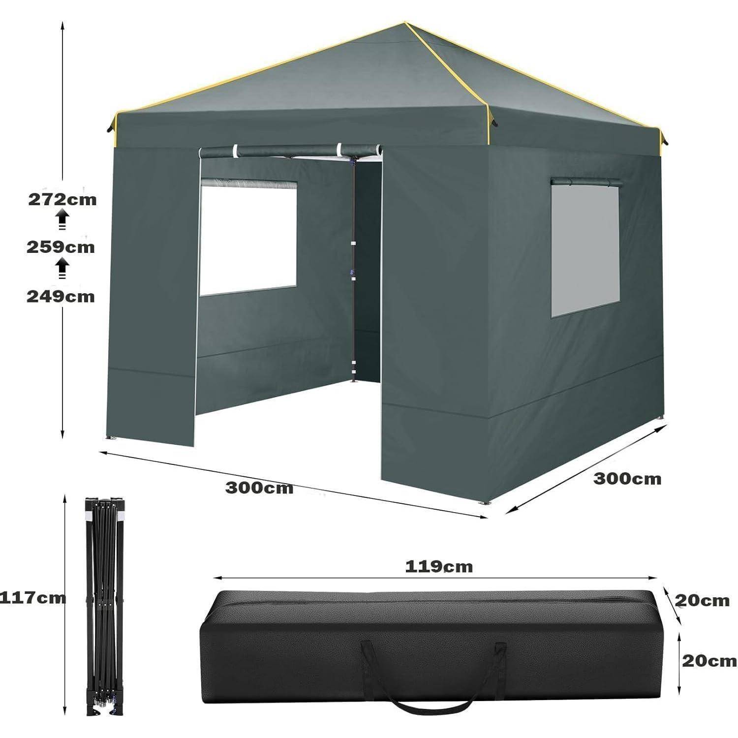 Diagramm eines grauen 300 cm x 300 cm Pop-Up-Baldachins mit offener Vorderseite, Fenstern und Höhenmessungen, sowie zusammengefaltete Tragetasche und Rahmenstangen.