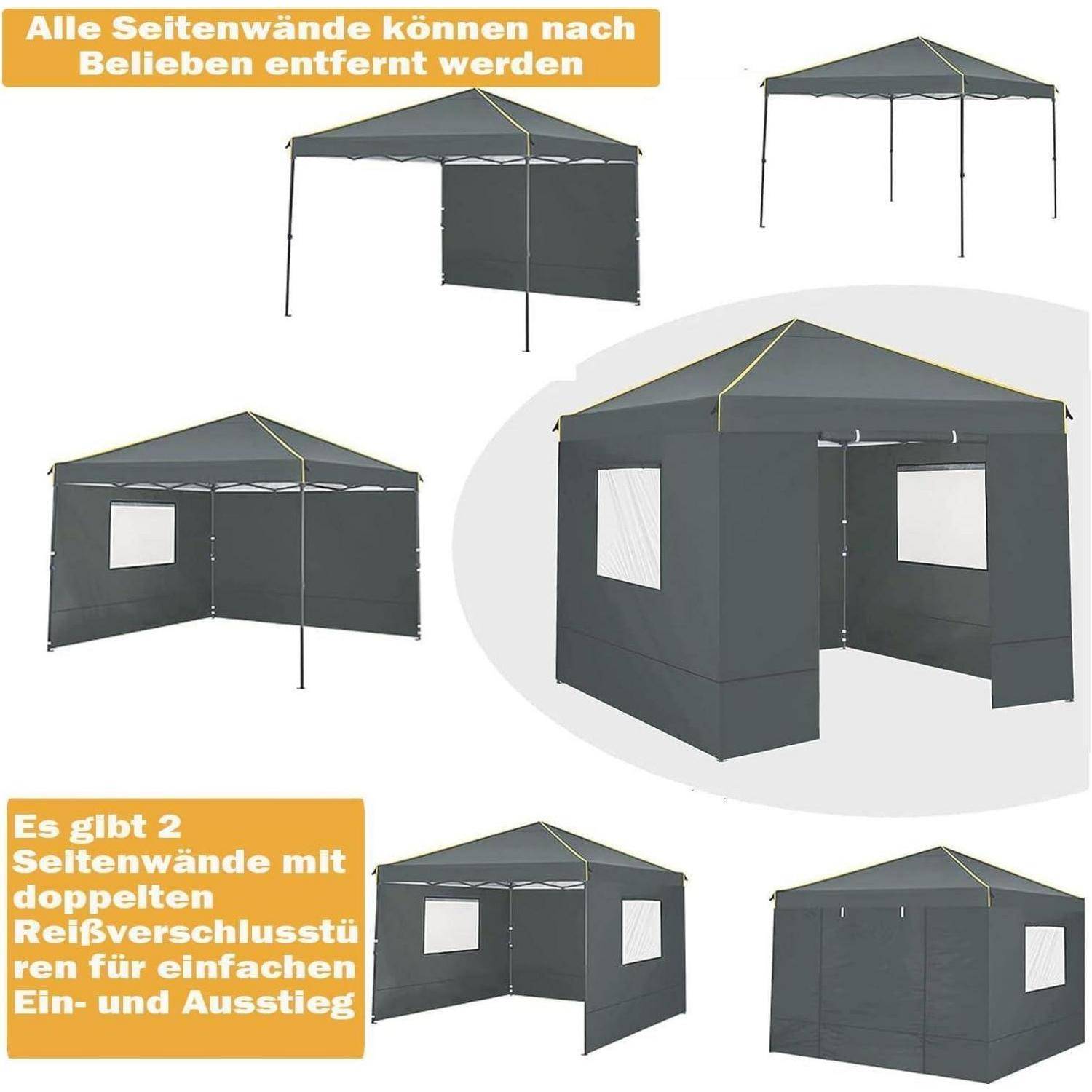 Collage eines grauen Pop-up-Pavillons/Zeltes mit abnehmbaren Seitenwänden und Reißverschlusstüren, mit deutschem Text, der anmerkt, dass Wände entfernt werden können und Türen einen einfachen Ein- und Ausgang ermöglichen.