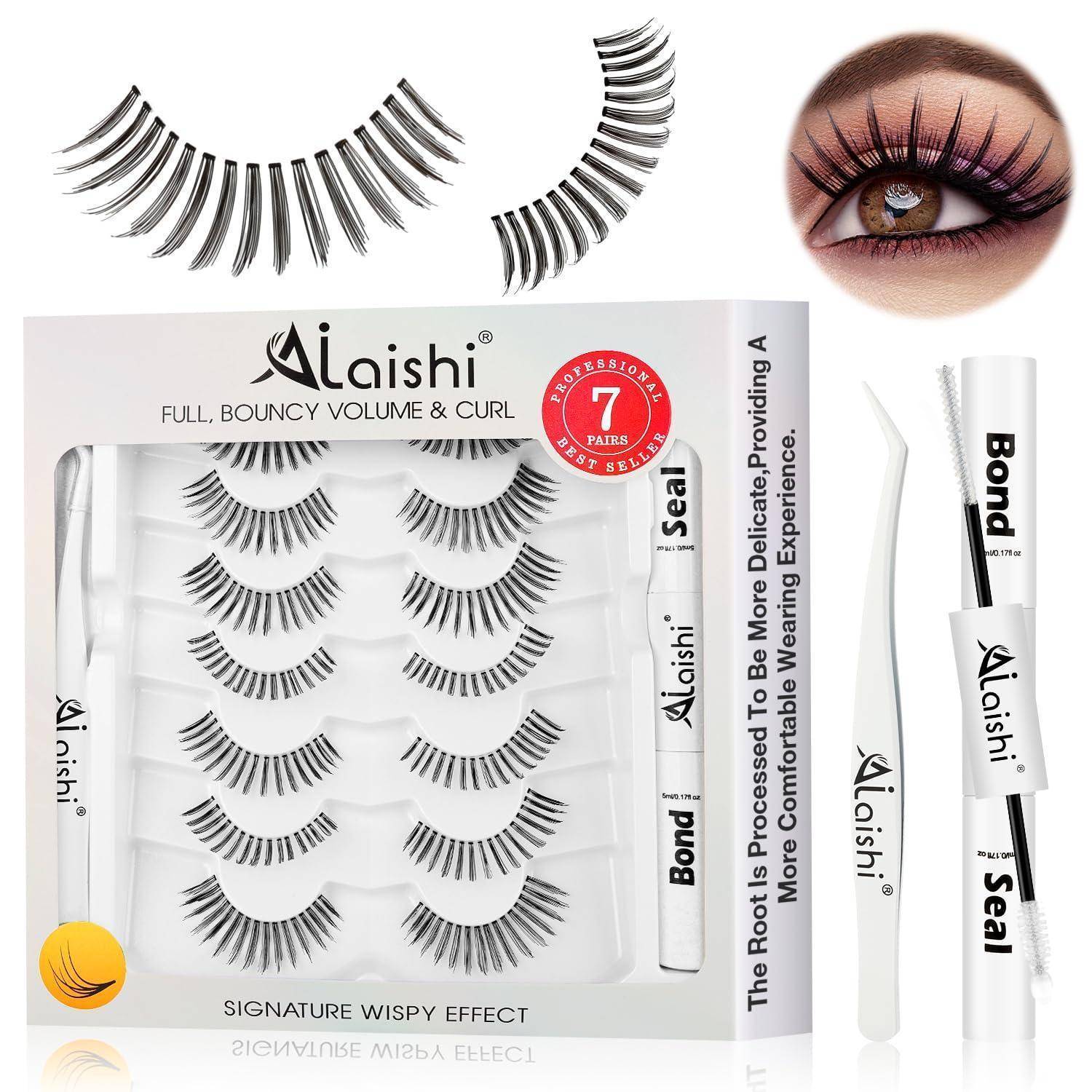 Alaishi Wimpern-Set mit mehreren Paaren von federleichten Wimpern, Versiegelungs- und Bindeanwendern und einem Modellauge, das den aufgetragenen Wimpernstil zeigt.