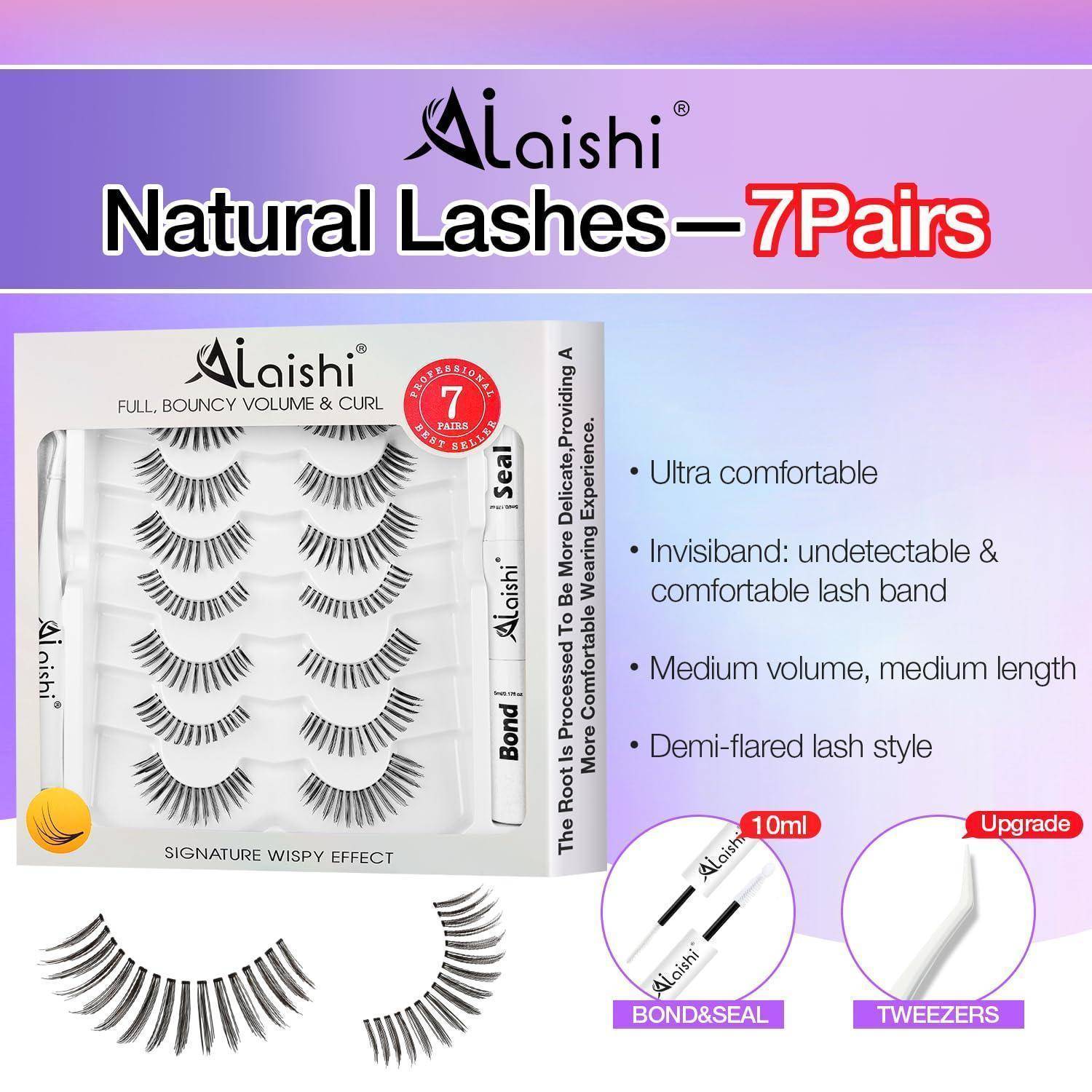 Werbung für natürliche Wimpern von Ailishi, zeigt 7 Paare künstliche Wimpern in Verpackung mit Kleber und Verschluss, Pinzette und Eigenschaften wie ultrakomfortabel und mittleres Volumen.