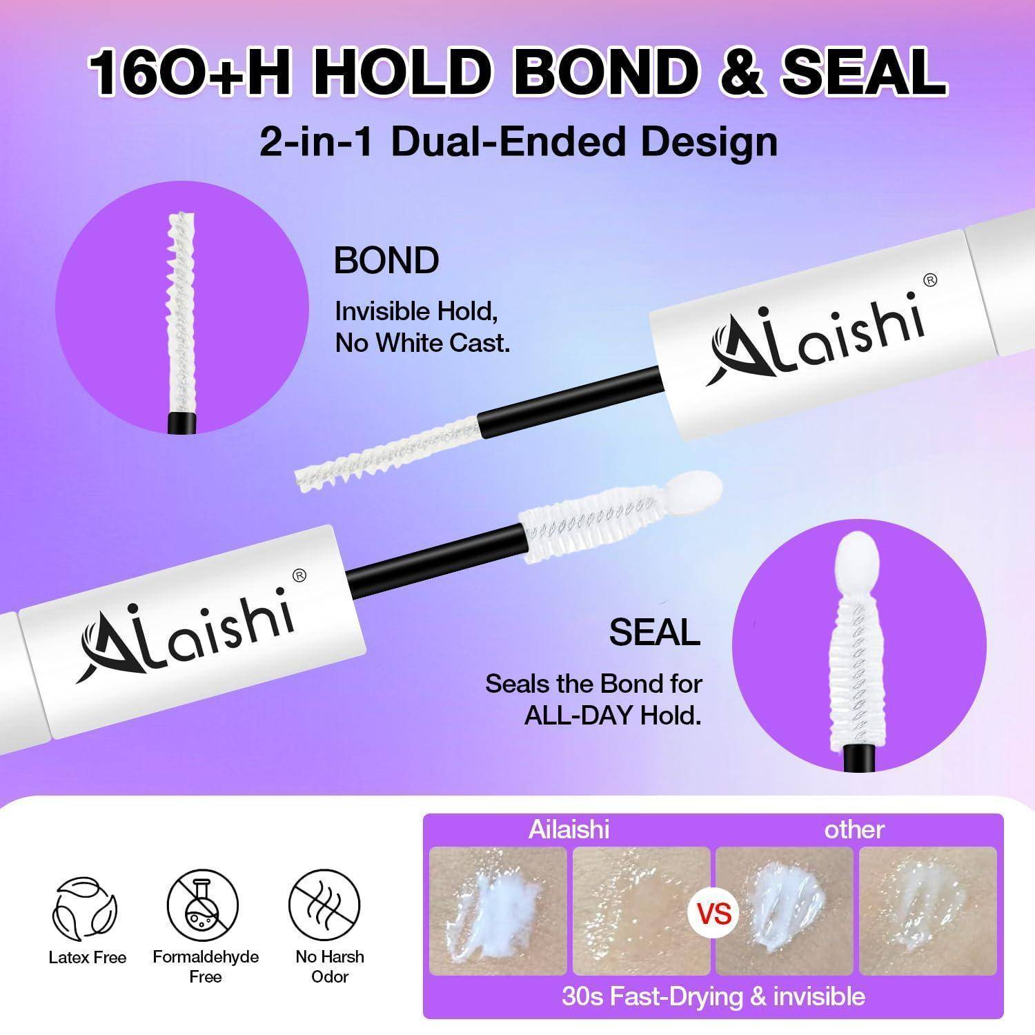 Alaishi 160+H Haft-Bond und Seal 2-in-1 Doppelseitiger Klebstoff für Wimpernverlängerungen, gezeigt mit Bond- und Seal-Applikatoren, schnelltrocknend, unsichtbar, latexfrei, formaldehydfrei und geruchlos.