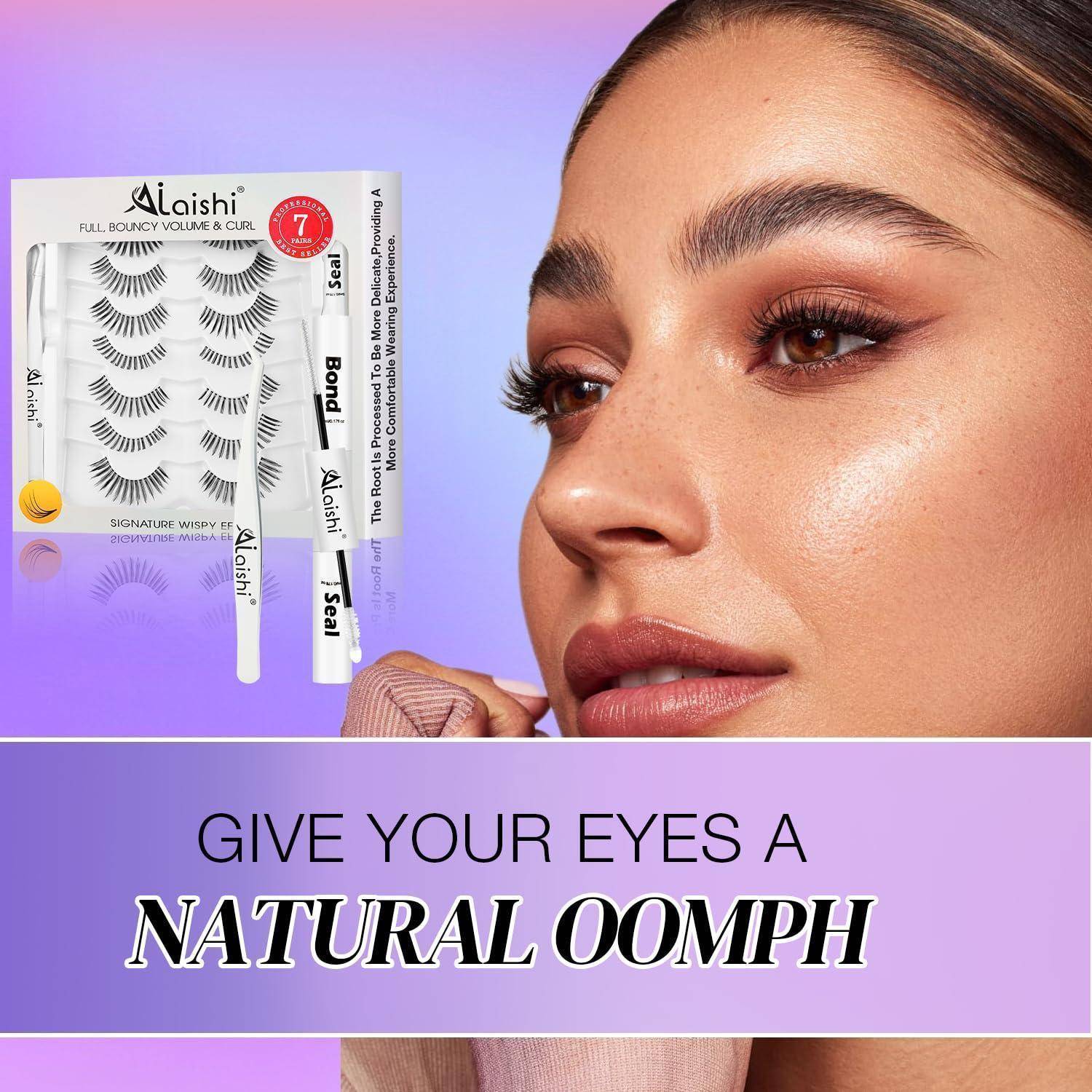 Anzeige für Aicishi-Wimpern mit dem Gesicht einer Frau neben Wimpernpaketen und dem Slogan „GEBEN SIE IHREN AUGEN EINEN NATÜRLICHEN SCHWUNG