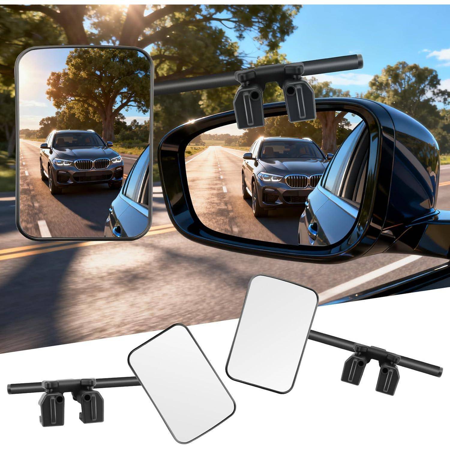 Außenspiegel des Autos mit Überwachungskamera/Monitor-Befestigung für den toten Winkel, die ein von hinten auf der Straße naherndes Fahrzeug anzeigt.