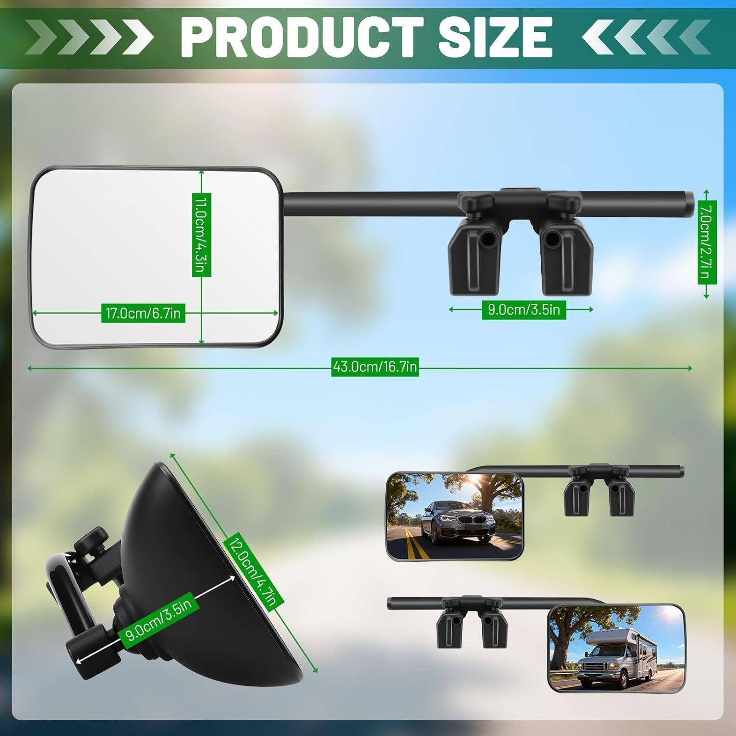 Produktgrößendiagramm für eine Windschutzscheiben-Spiegelhalterung für Autos, mit folgenden Abmessungen: 17,0 cm x 11,0 cm Spiegel, 43,0 cm Gesamtlänge, 12,0 cm Schale und 9,0 cm Klemmabstand.