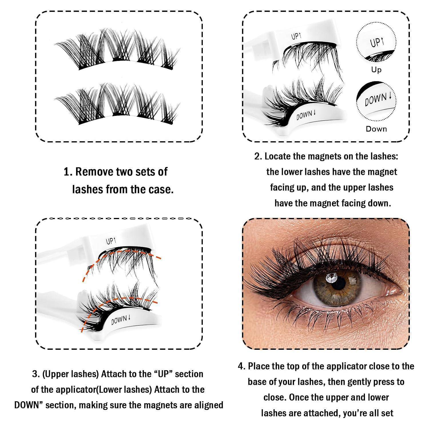 Anleitungsinfografik zum Anbringen von magnetischen künstlichen Wimpern in vier Schritten: Wimpern entfernen, Magnete 