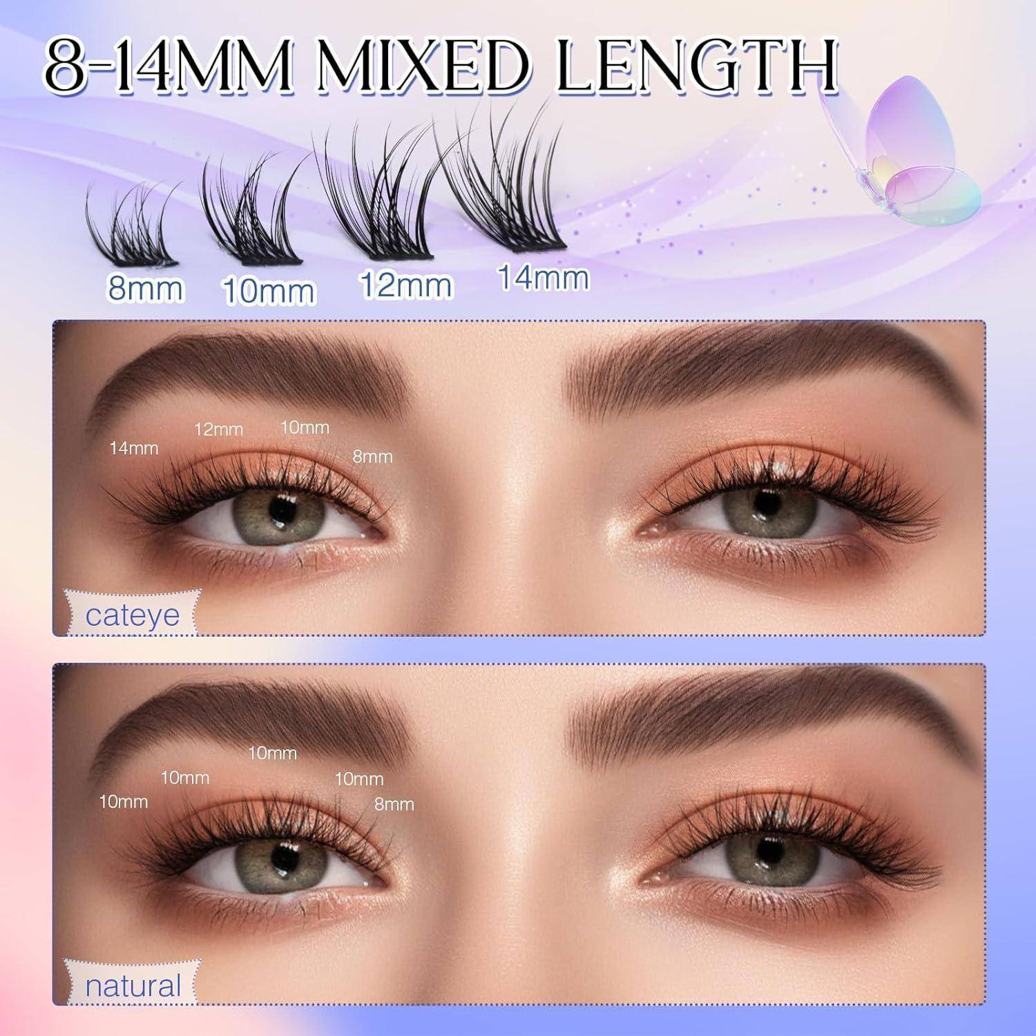 Grafik zum Vergleich von Wimpernverlängerungen mit dem Titel „8-14 MM GEMISCHTE LÄNGE