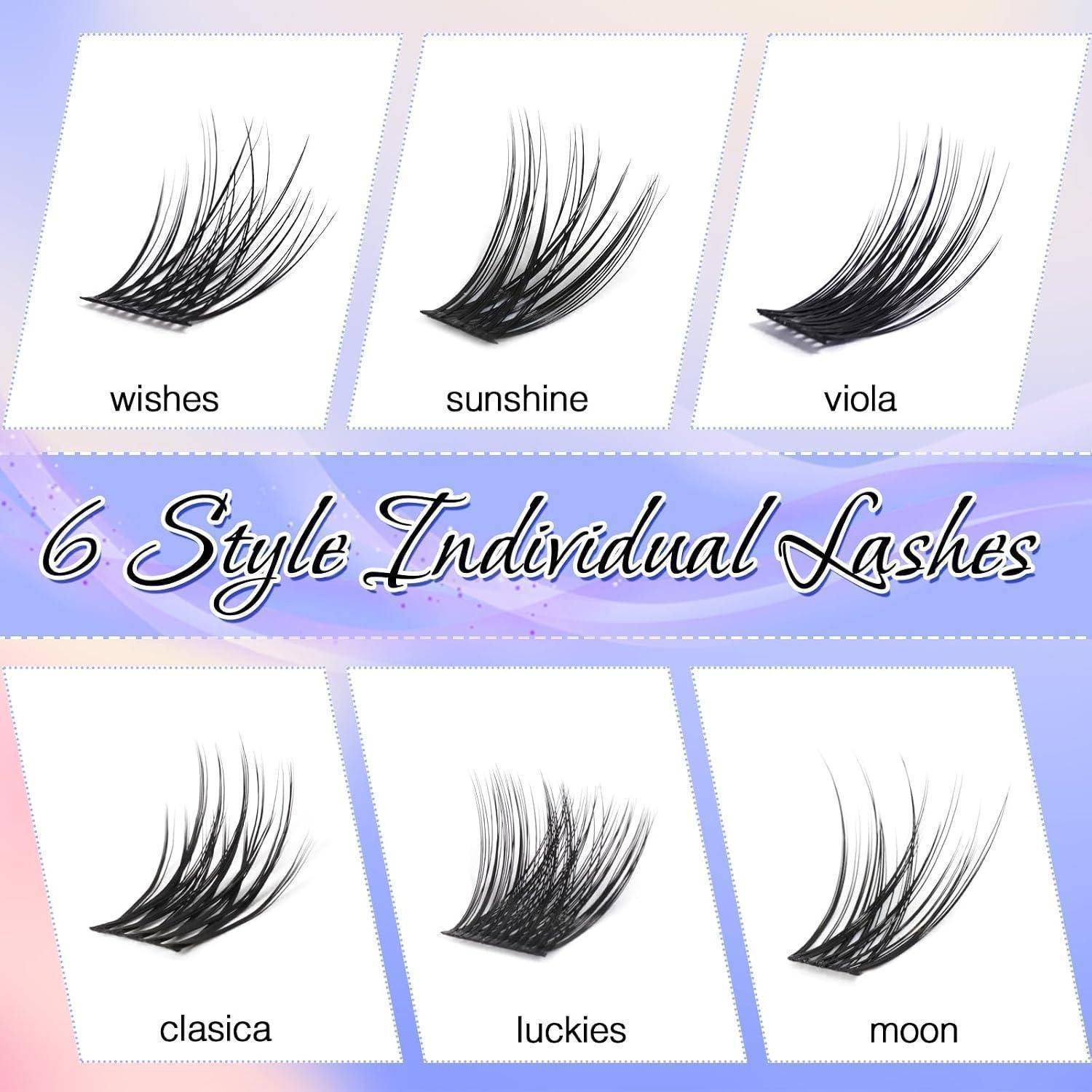 Produktgrafik zeigt sechs einzelne Wimpernstile mit den Bezeichnungen Wishes, Sunshine, Viola, Clasica, Luckies und Moon.