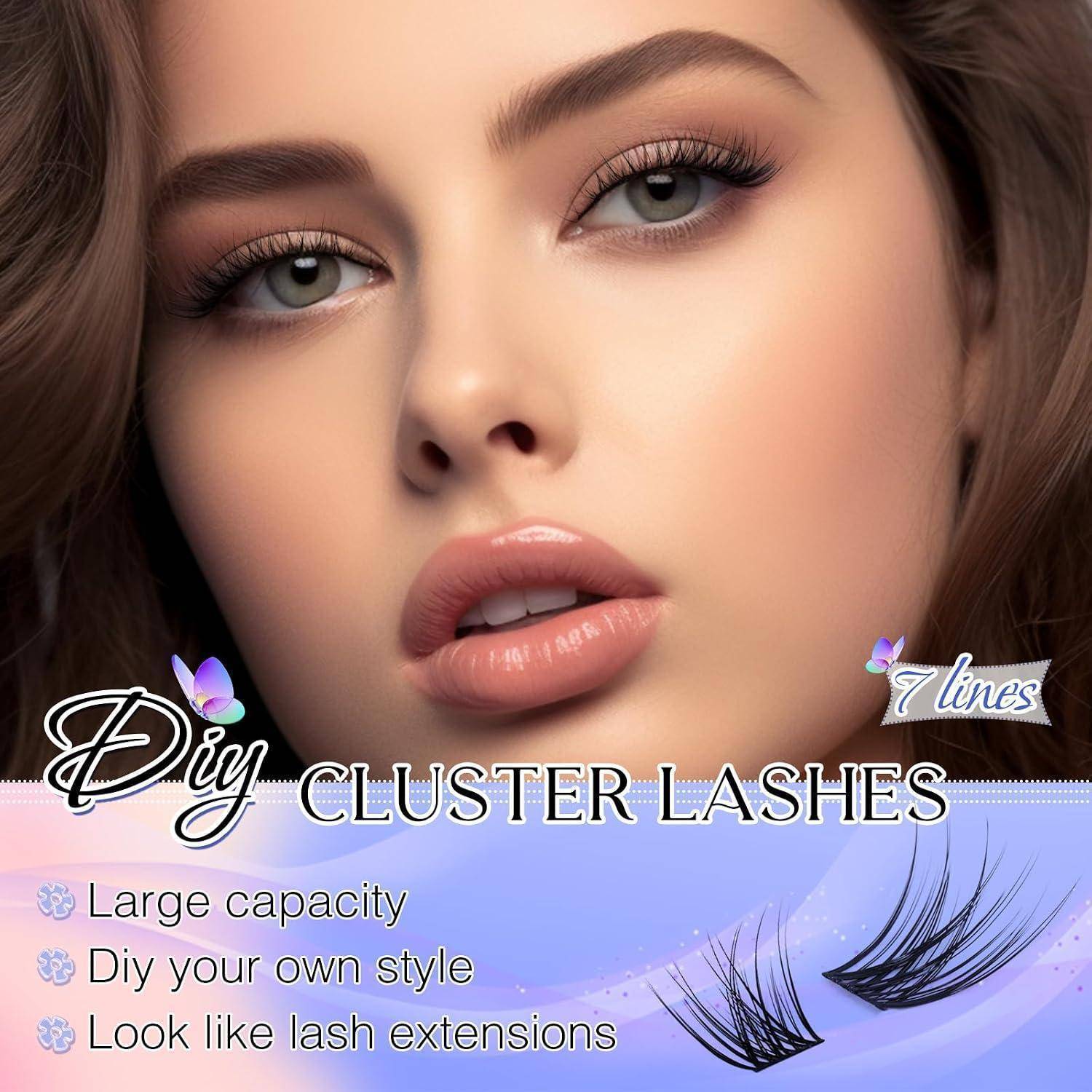 Werbebild eines Frauengesichts mit dramatischen Cluster-Wimpern und dem Text „DIY CLUSTER LASHES