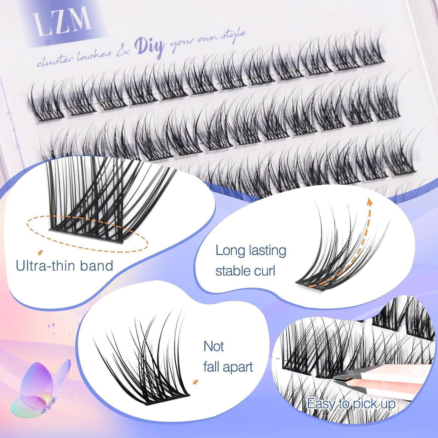 Werbebild für LZM Cluster Wimpern und DIY-Stil, das falsche Wimperncluster mit Beschriftungen für „Ultra-dünnes Band