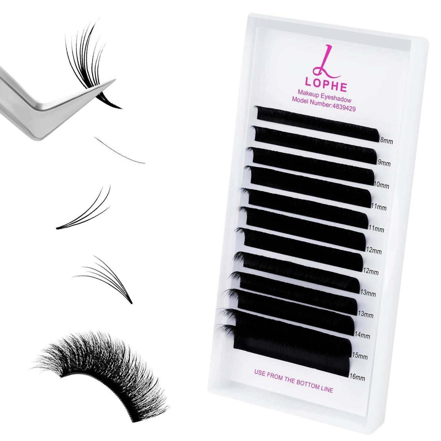 Falsche Wimpern in einem Kunststofftablett, mit einer Pinzette, die einzelne Wimpernteile zeigt, und einem vollständigen flauschigen Wimpernstreifen zur Makeup-Anwendung.