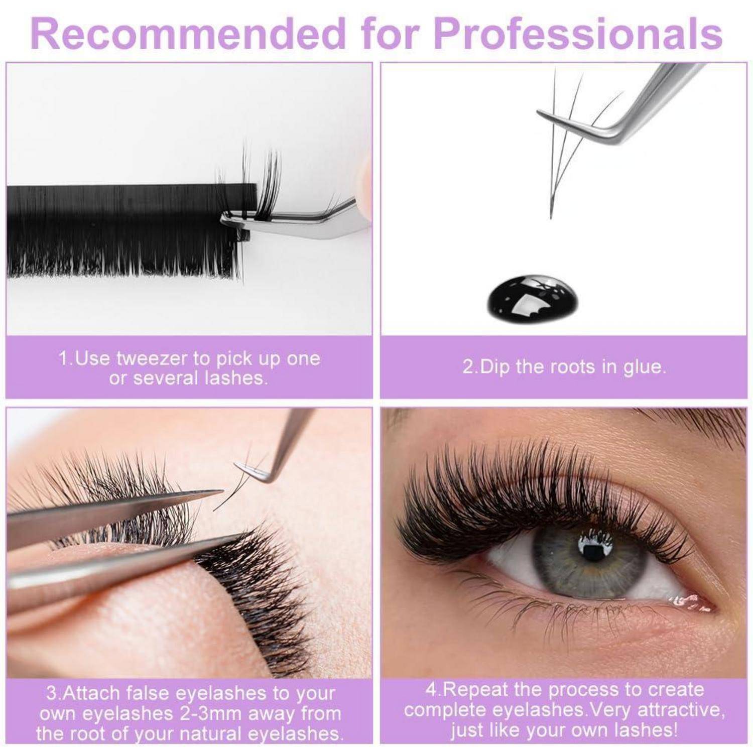 Vierschritt-Diagramm, das zeigt, wie man künstliche Wimpern mit einer Pinzette, Klebstoff und natürlichen Wimpern anwendet, um einen volleren Look zu erreichen.