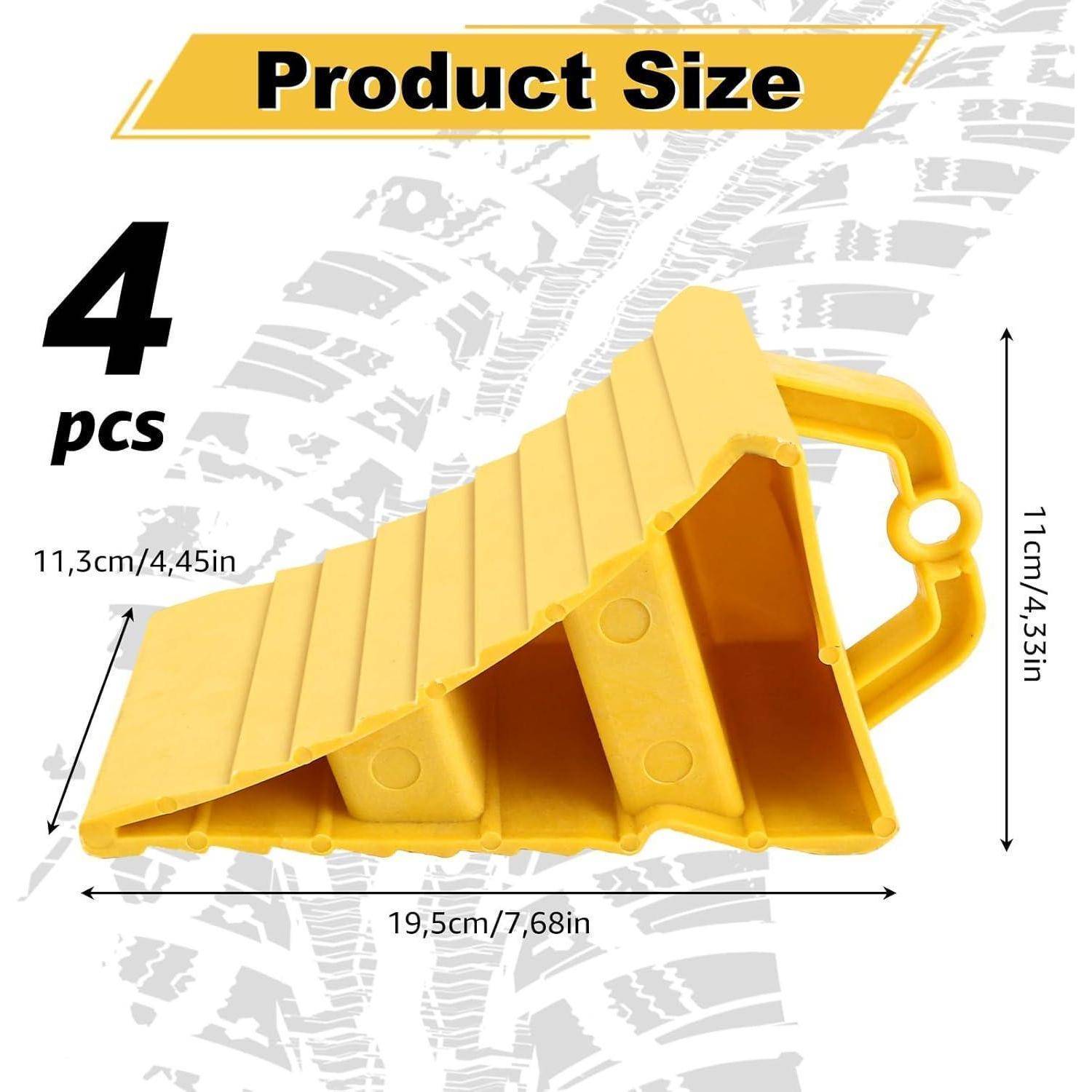 Produktgrößendiagramm zeigt 4 gelbe keilförmige Blöcke mit Griff, mit einer Breite von 19,5 cm, einer Höhe von 11 cm und einer Tiefe von 11,3 cm.