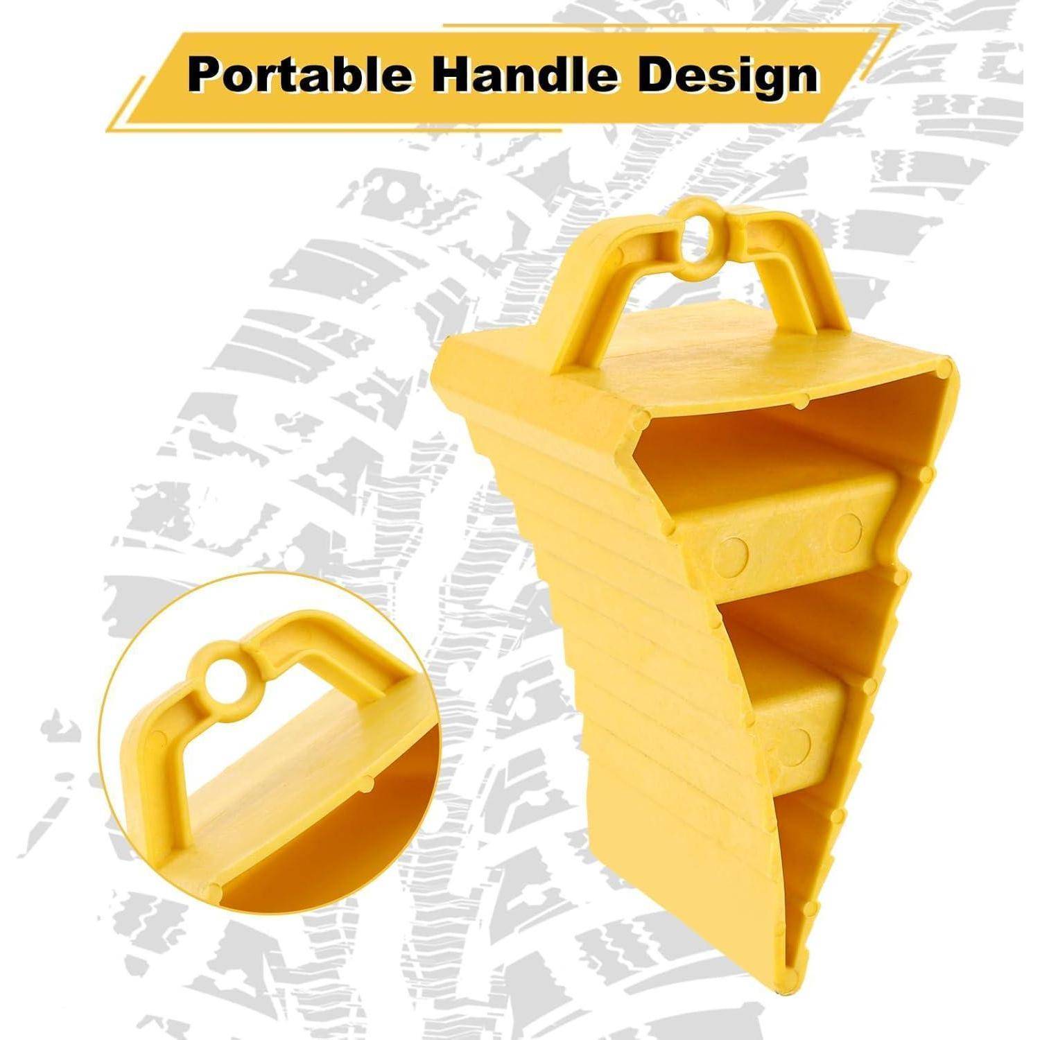 Illustration eines gelben dreieckigen Kunststoffbehälters mit integriertem tragbarem Griff, beschriftet mit „Portable Handle Design
