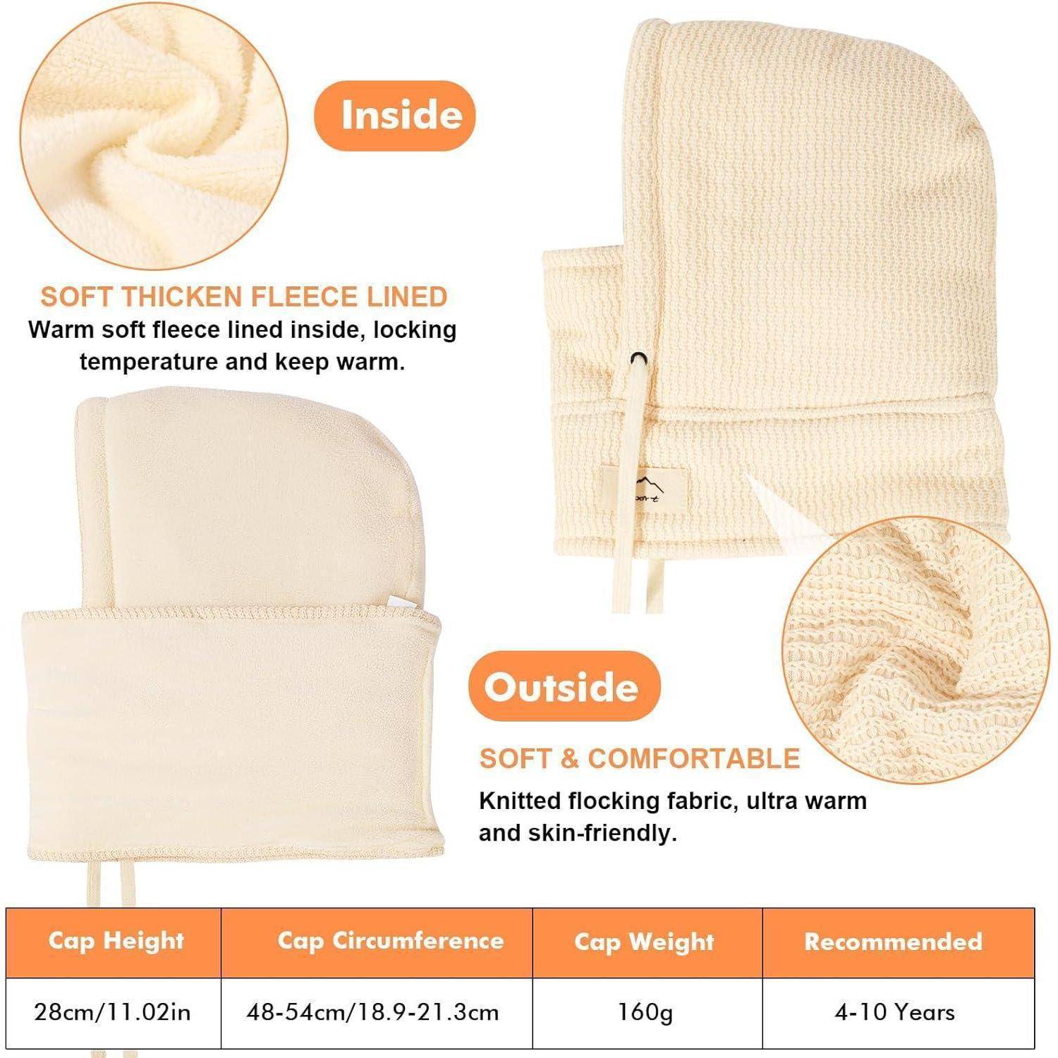 Illustration einer cremefarbenen Strickwintermütze mit Innen- und Außentexturen, mit Beschriftungen „Innen