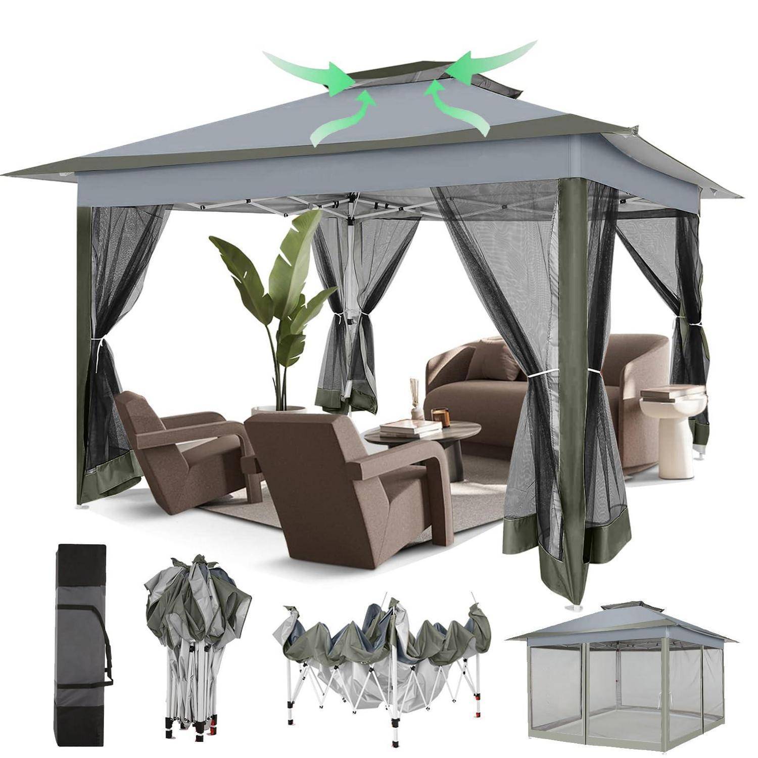 Produktbild eines grauen Pop-up-Pavillons mit Vorhängen und Loungenmöbeln, sowie Ansichten seines zusammengeklappten und eingeklappten Rahmens und der Aufbewahrungstasche.
