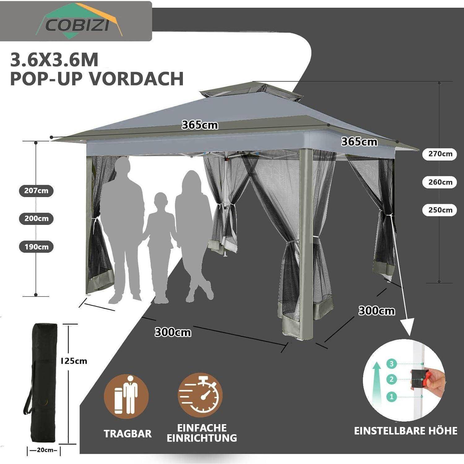 Pop-up-Markisenzelt-Produktdiagramm mit einem 3,6 x 3,6 m VORDACH mit verstellbarer Höhe, Abmessungen und Funktionen: tragbar, einfache Montage und verstellbare Höhe.