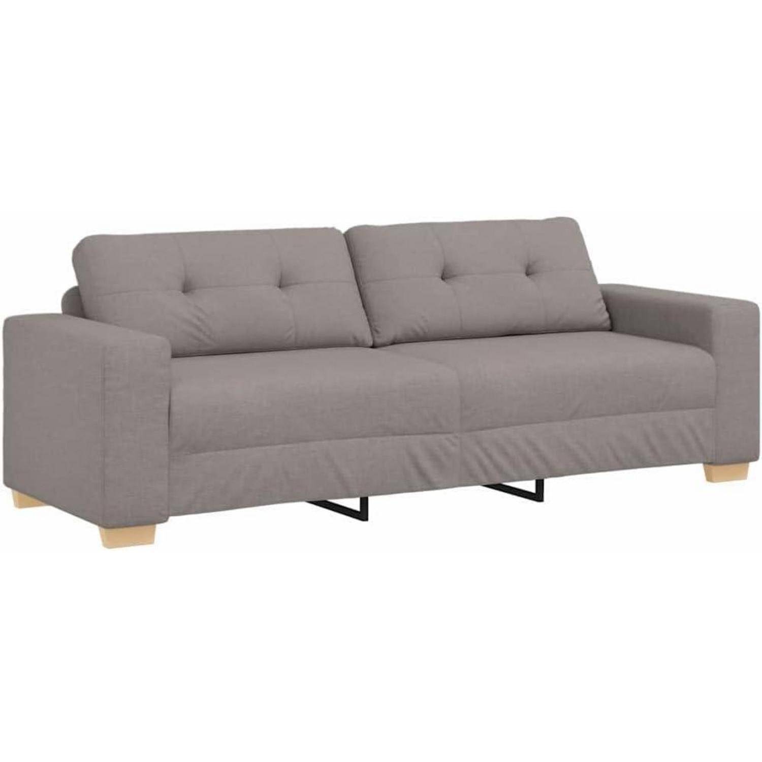 Graues gepolstertes Sofa mit zwei gesteppten Rückenkissen, quadratischen Armlehnen und Holzbeinen auf weißem Hintergrund.