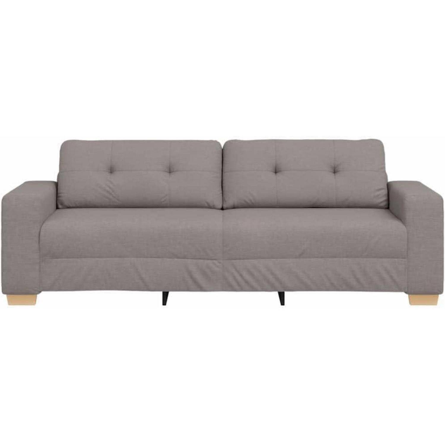 Graues gepolstertes Dreisitzer-Sofa mit knopfgesteppten Rückenkissen und quadratischen Armlehnen auf weißem Hintergrund.