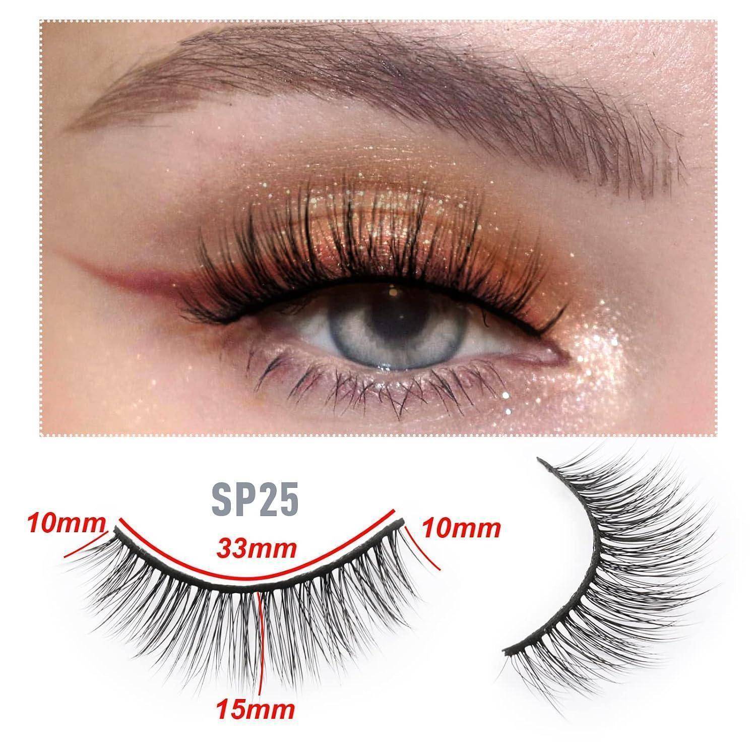 Werbebild eines glitzernden Augen-Make-up-Looks mit langen künstlichen Wimpern, plus Wimpern-Diagramm mit Längen 10 mm, 15 mm und SP25 33 mm.